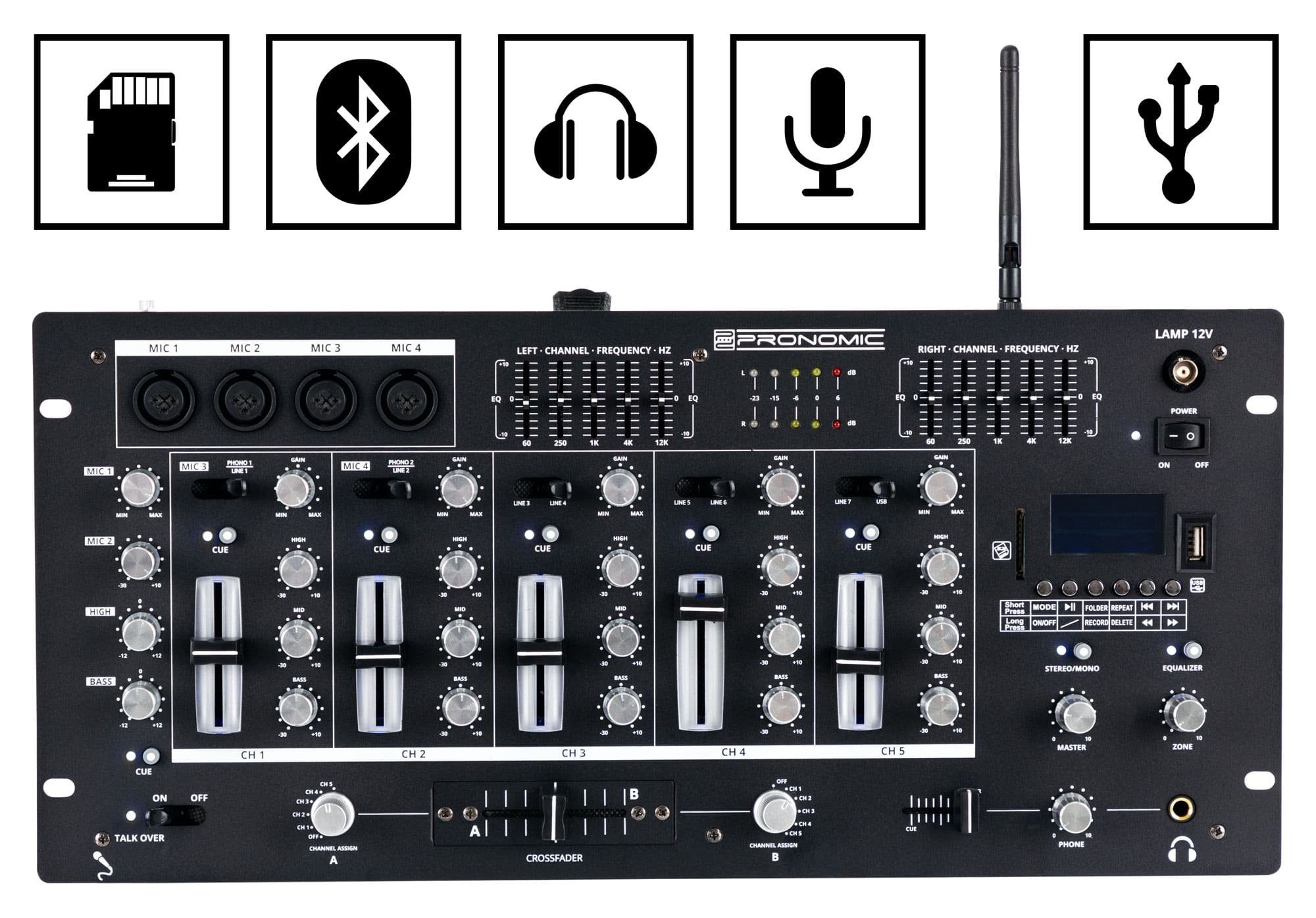 Pronomic DJ Controller DX-165REC MKII DJ-Mixer - 5-Kanal-Mischer mit USB/SD/Bluetooth-Player, (Talkover-Funktion), Cue- Recording-Funktion - 4 Mikrofoneingänge