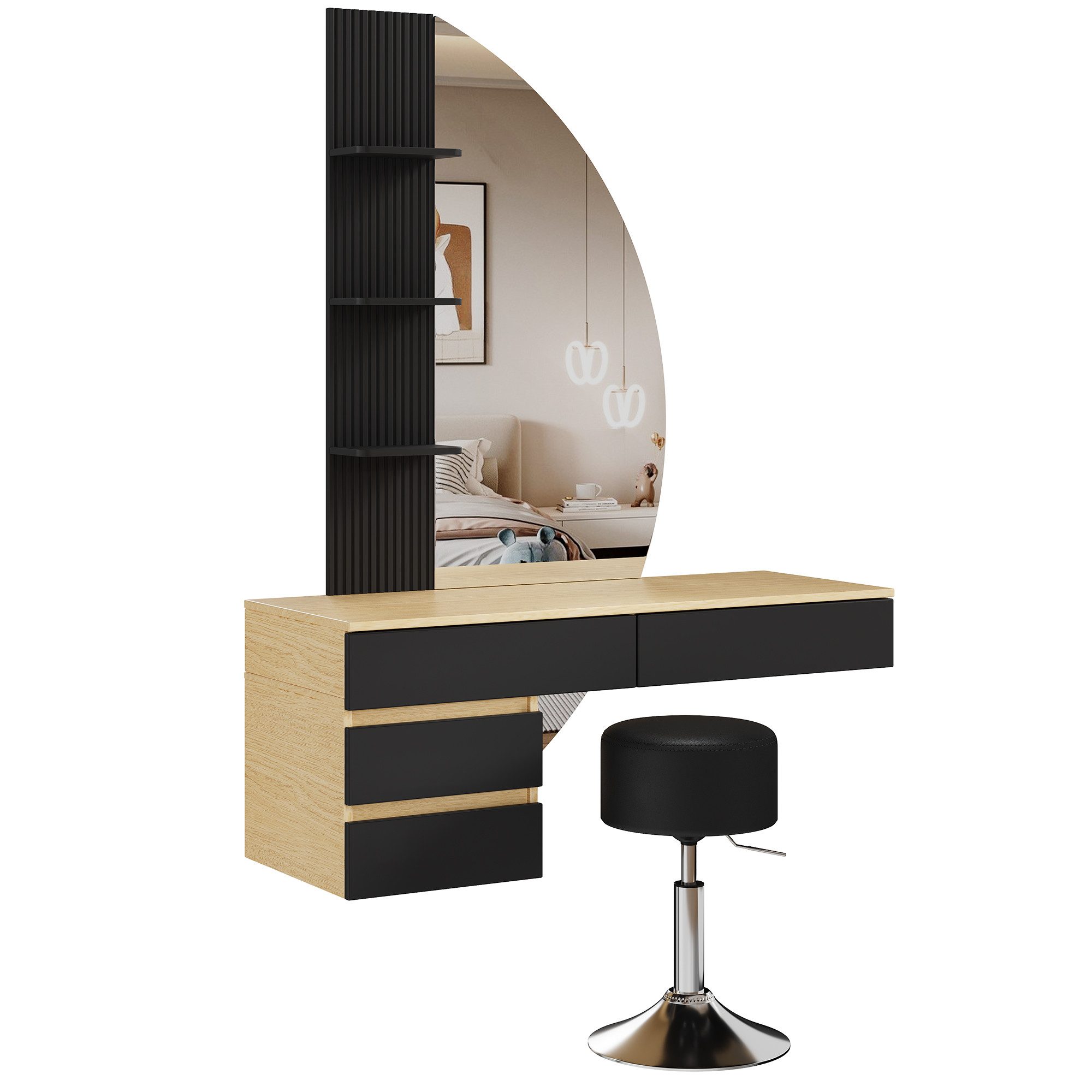 HOMALL Schminktisch Hängender Schminktisch mit drei einstellbaren Farbtemperaturen (LED-Silikon-Lichtleiste in drei Farben, Maße: 106 × 40 × 143 cm, mit 3 offen – Bild 2 von 5