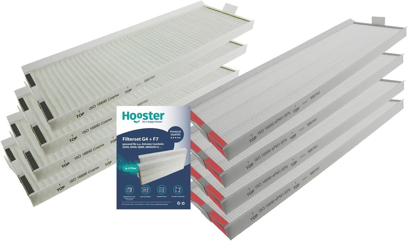 Hooster Luftfilter für Zehnder ComfoAir Q350 (NICHT ComfoAir 350) / Q450 / Q600, Filter in den Filterklassen G4 und F7 je 4 Stück