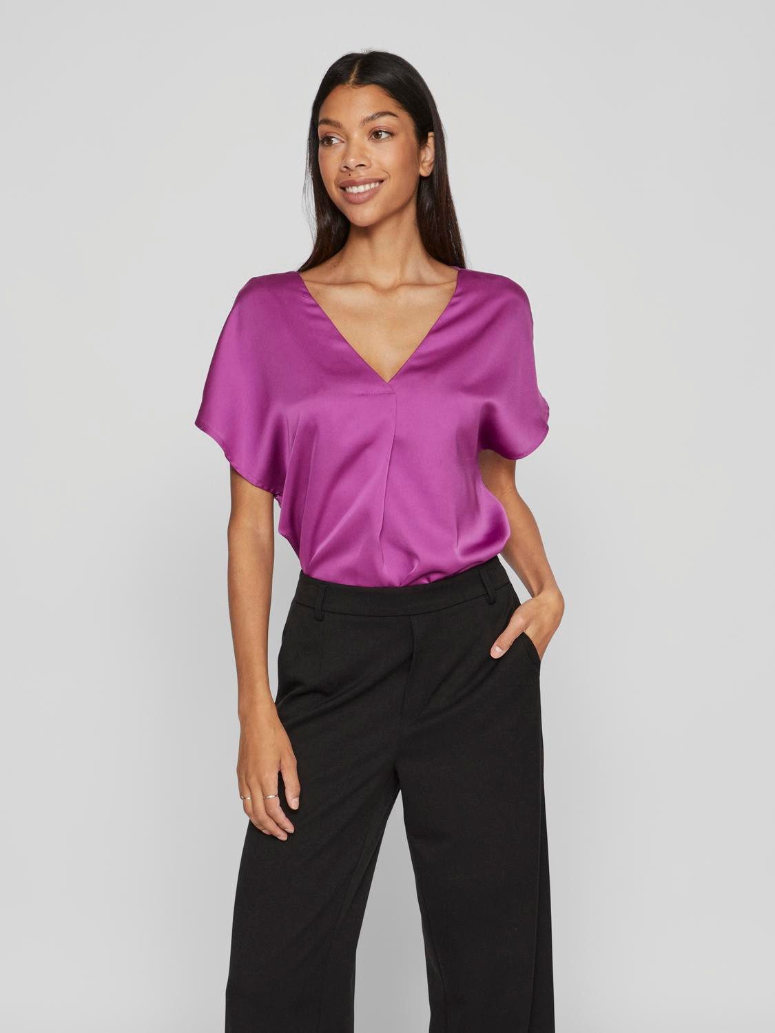 Vila V-Shirt VIELLETTE V-NECK S/S SATIN TOP - NOOS