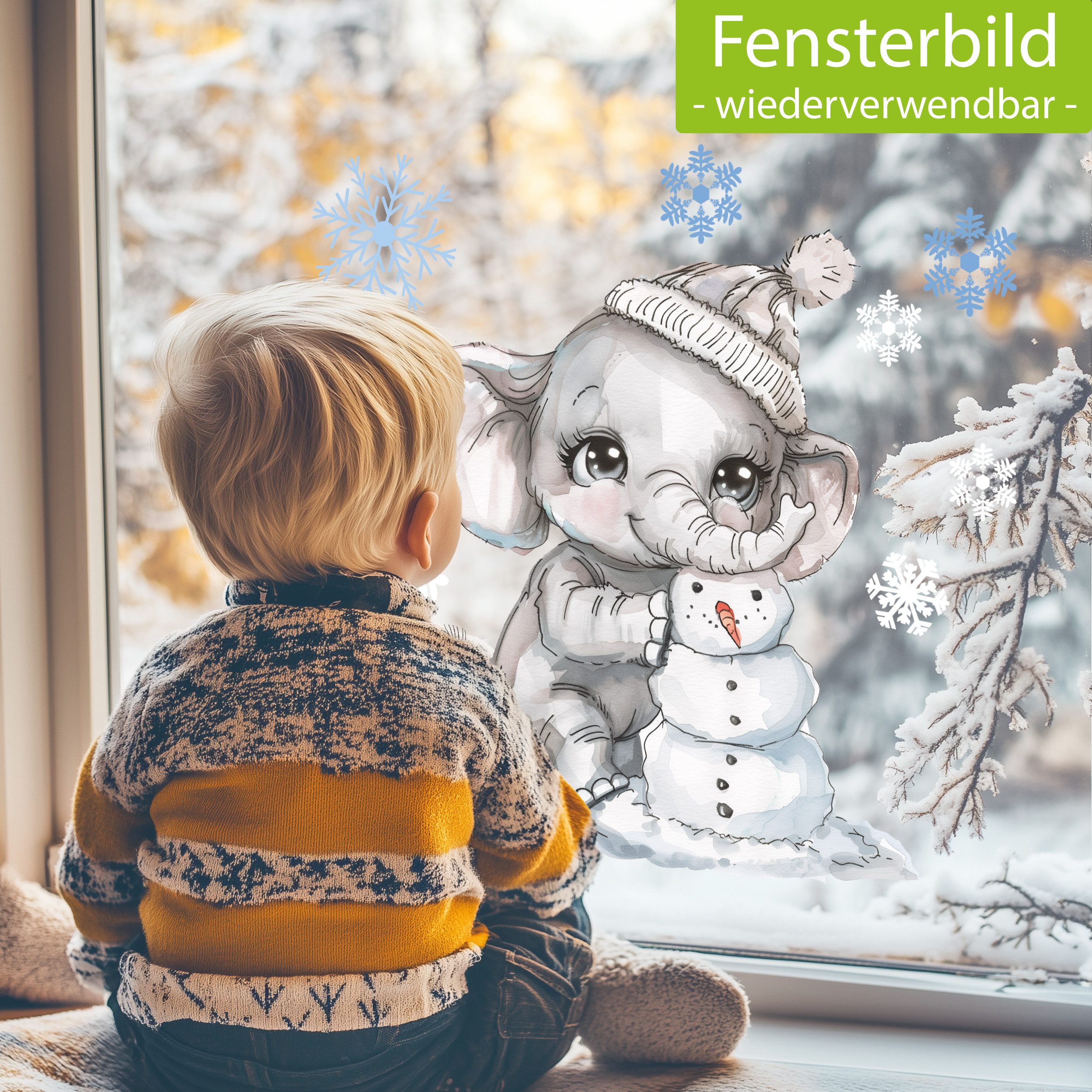 Sunnywall Fensterdekoration Kinderzimmer Fensterbild Winter Elefant mit Schneemann, wiederverwendbar, statisch haftend, beidseitiger Druck