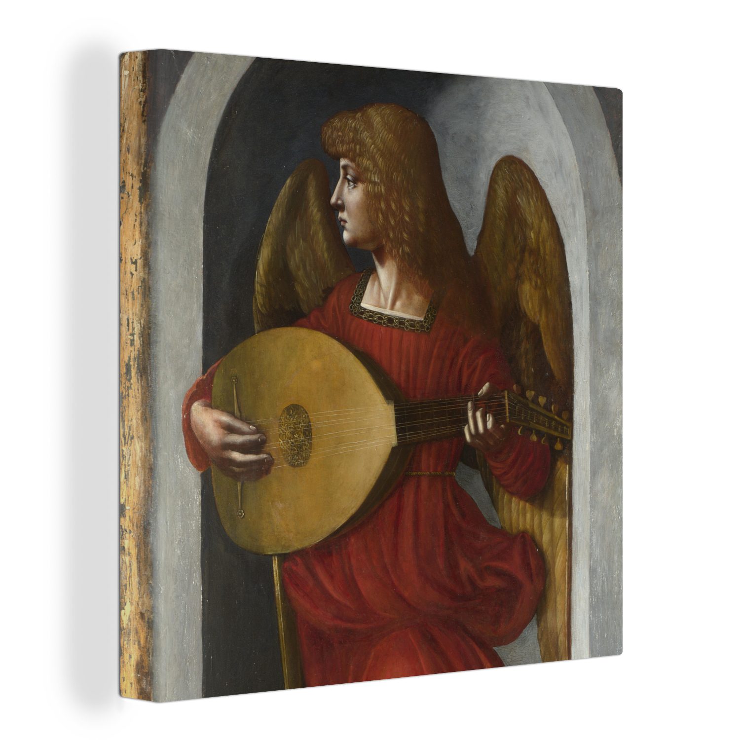 OneMillionCanvasses® Leinwandbild Ein Engel in Rot mit einer Laute - Leonardo da Vinci, (1 St), Leinwand Bilder für Wohnzimmer Schlafzimmer bunt