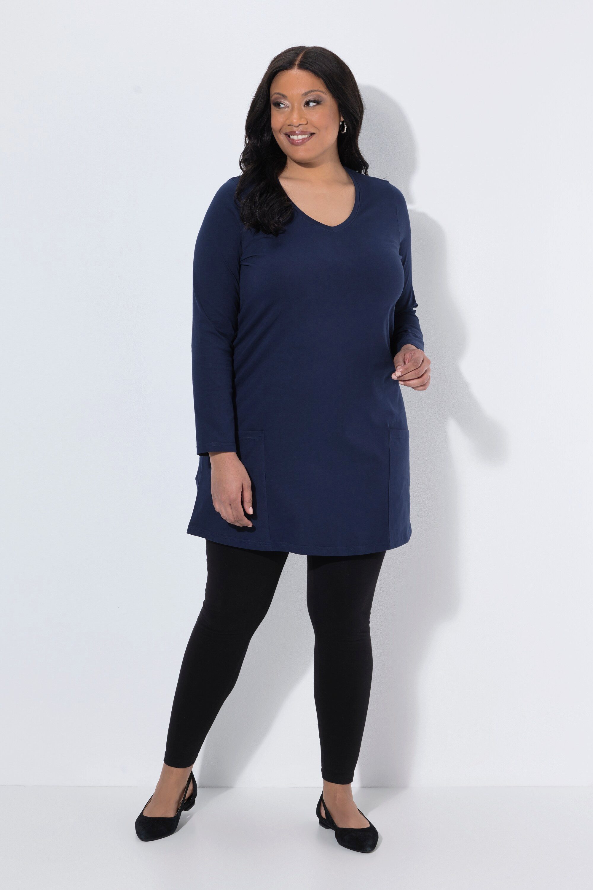 Ulla Popken Longshirt Longshirt Taschen A-Linie V-Ausschnitt Langarm
