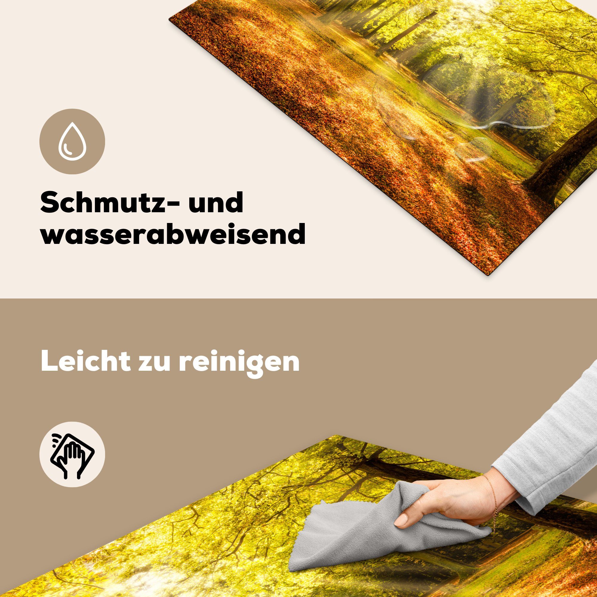 Natur - Sonne Vinyl, Herdblende-/Abdeckplatte Baum Wald, - 81x52 Ceranfeldabdeckung, MuchoWow tlg), - küche Arbeitsplatte Landschaft für - cm, (1