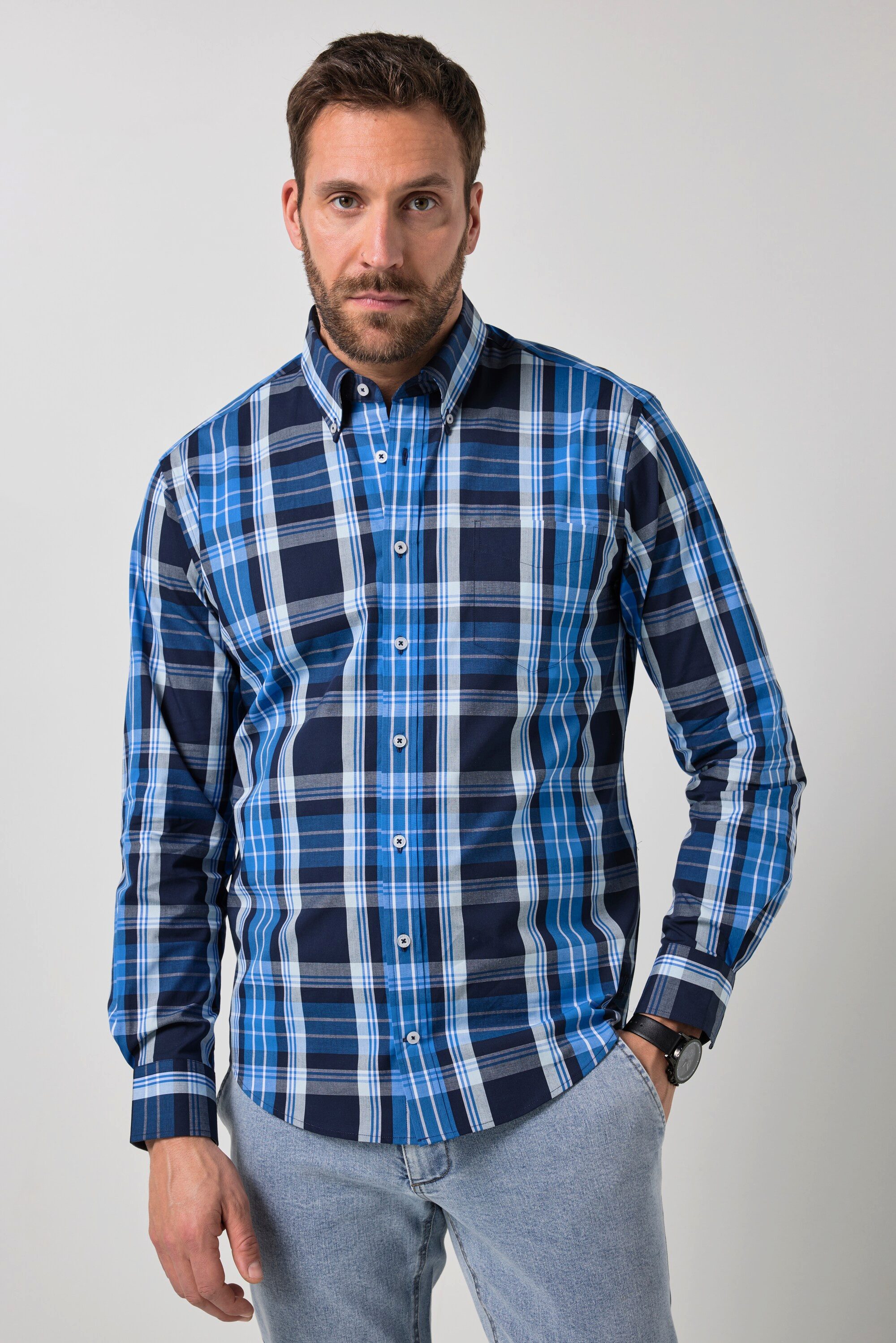 JP1880 Businesshemd Karohemd FLEXNAMIC® Langarm Buttondown-Kragen
