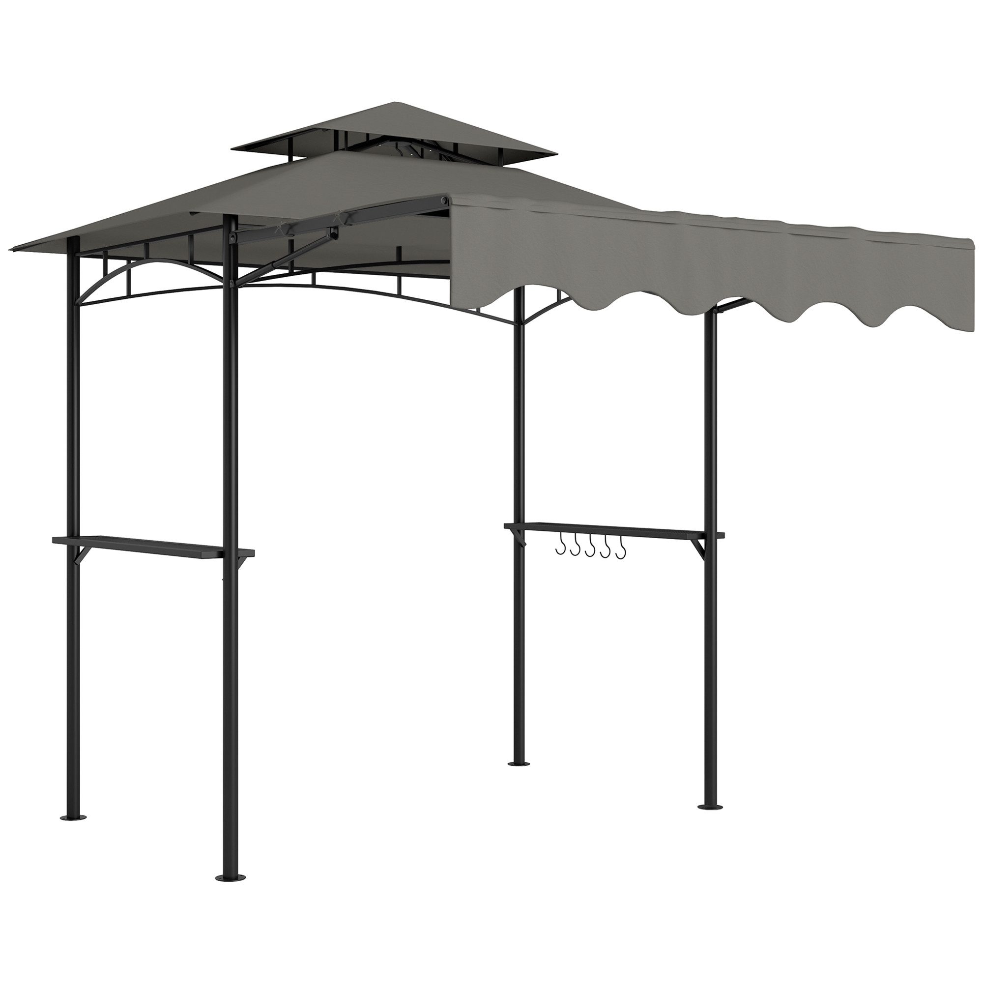 Outsunny Grillpavillon mit Doppelschichtdach, Seitenregalen, mit 0 Seitenteilen, (BBQ Pavillon, Gartenpavillon), für Garten Picknick BBQ Grau