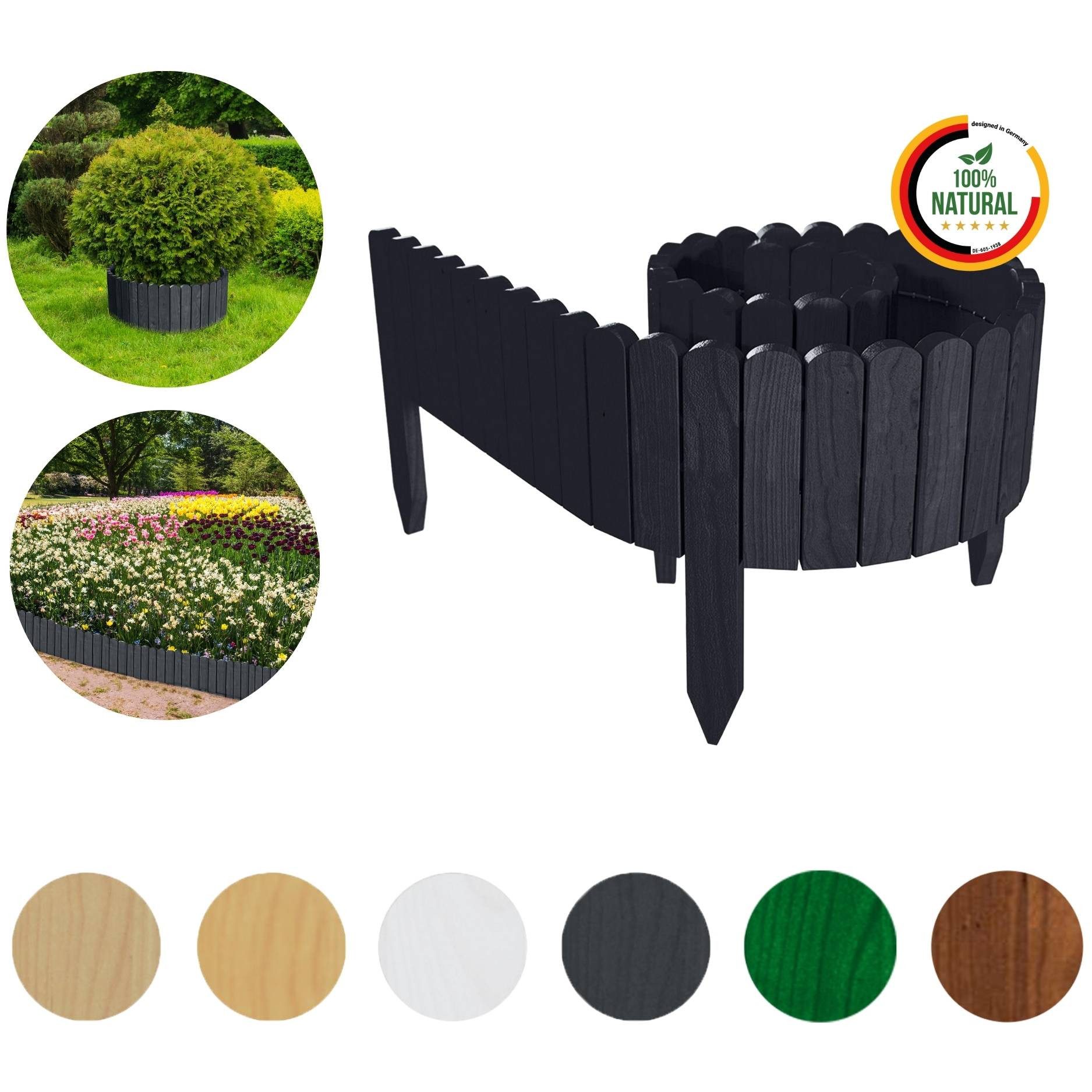 Floranica Palisade Beeteinfassung Beetumrandung Rasenkante Umrandung Flexibler Rollborder, LxH: 200x10 cm, Anthrazit, Dekozaun Holzzaun Umzäunung Blumenbeeten Garten Beeten Kräutergarten