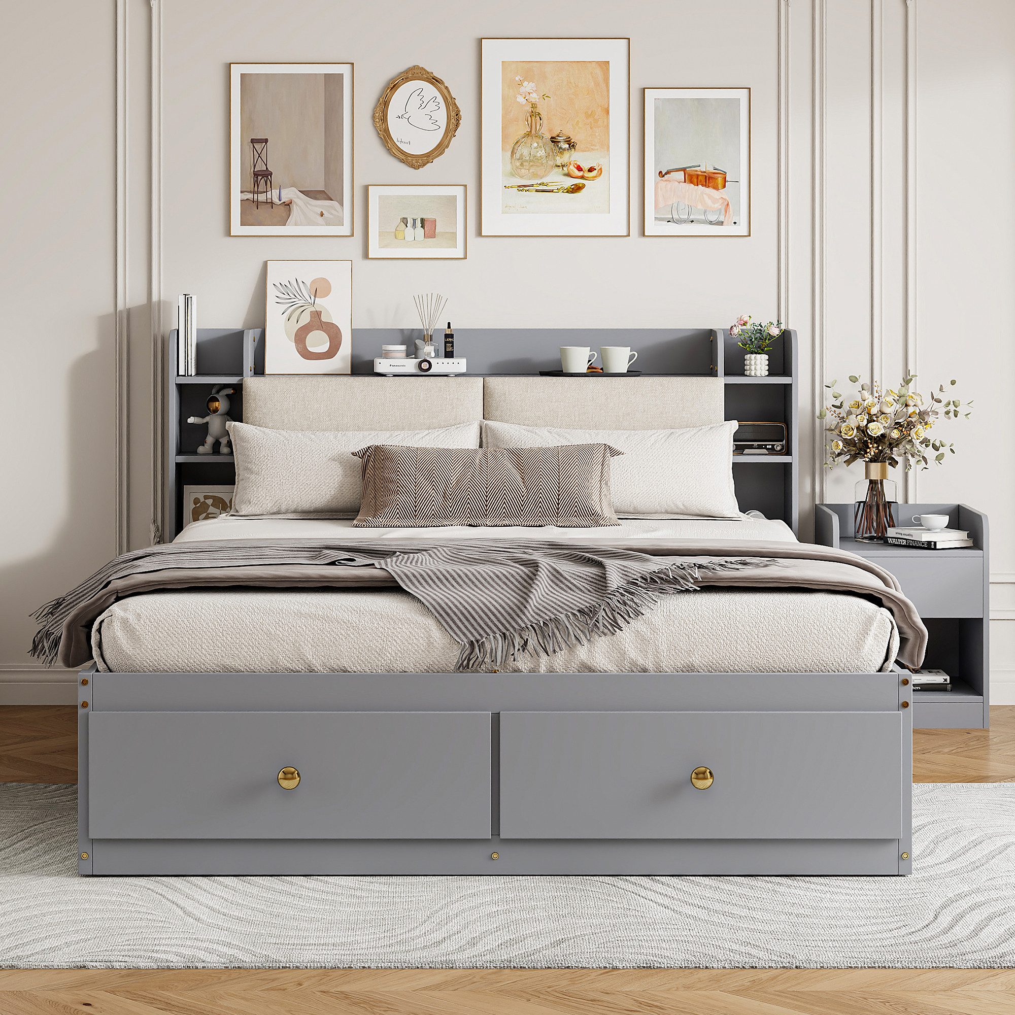 Flieks Massivholzbett, Kombi-Bett Doppelbett 140x200cm Nachttisch+ Stauraumschrank+ Sofabank