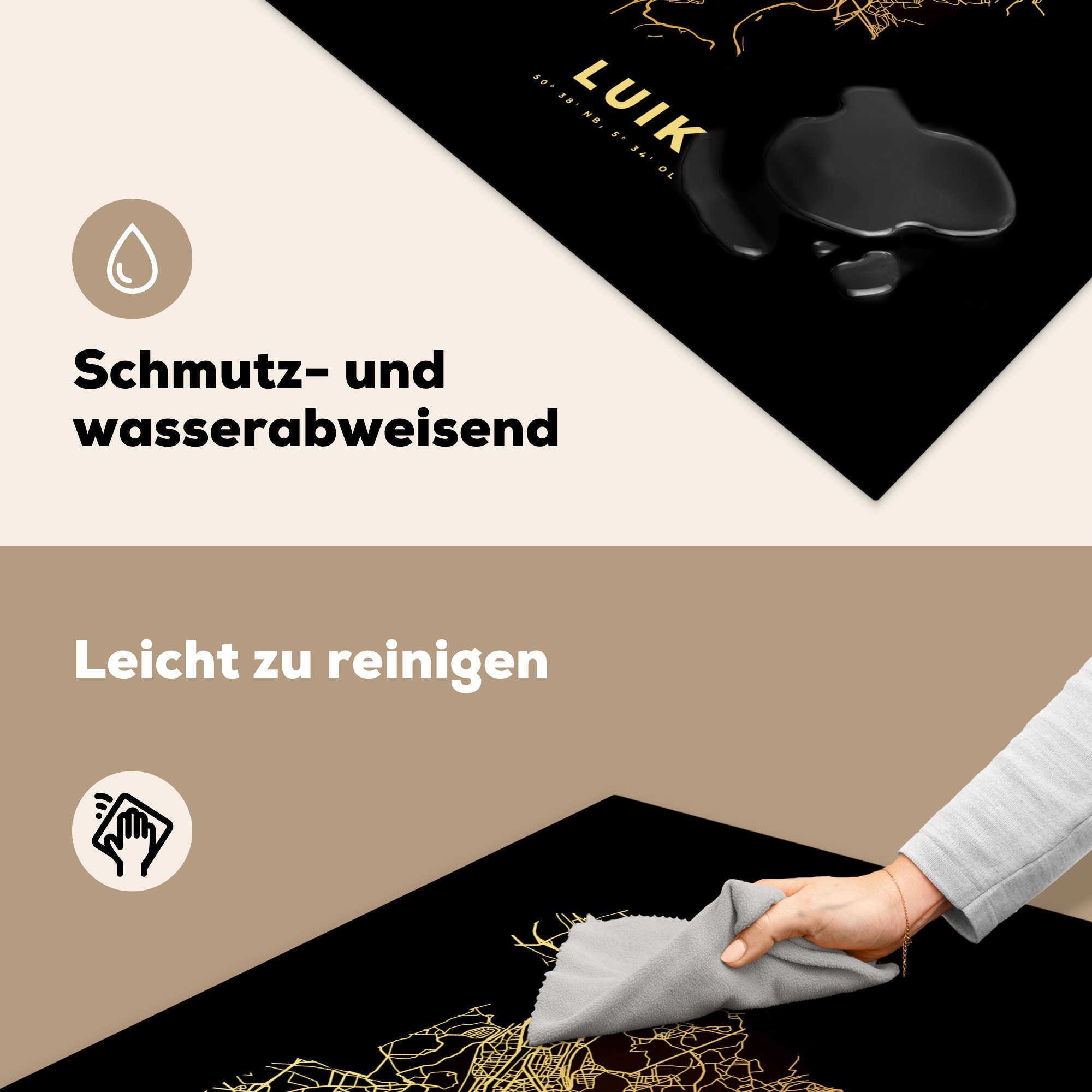 - Lüttich, Gold Karte Arbeitsplatte Herdblende-/Abdeckplatte 78x78 Karte cm, Ceranfeldabdeckung, tlg), (1 Belgien MuchoWow - Stadtplan - Vinyl, für - - küche