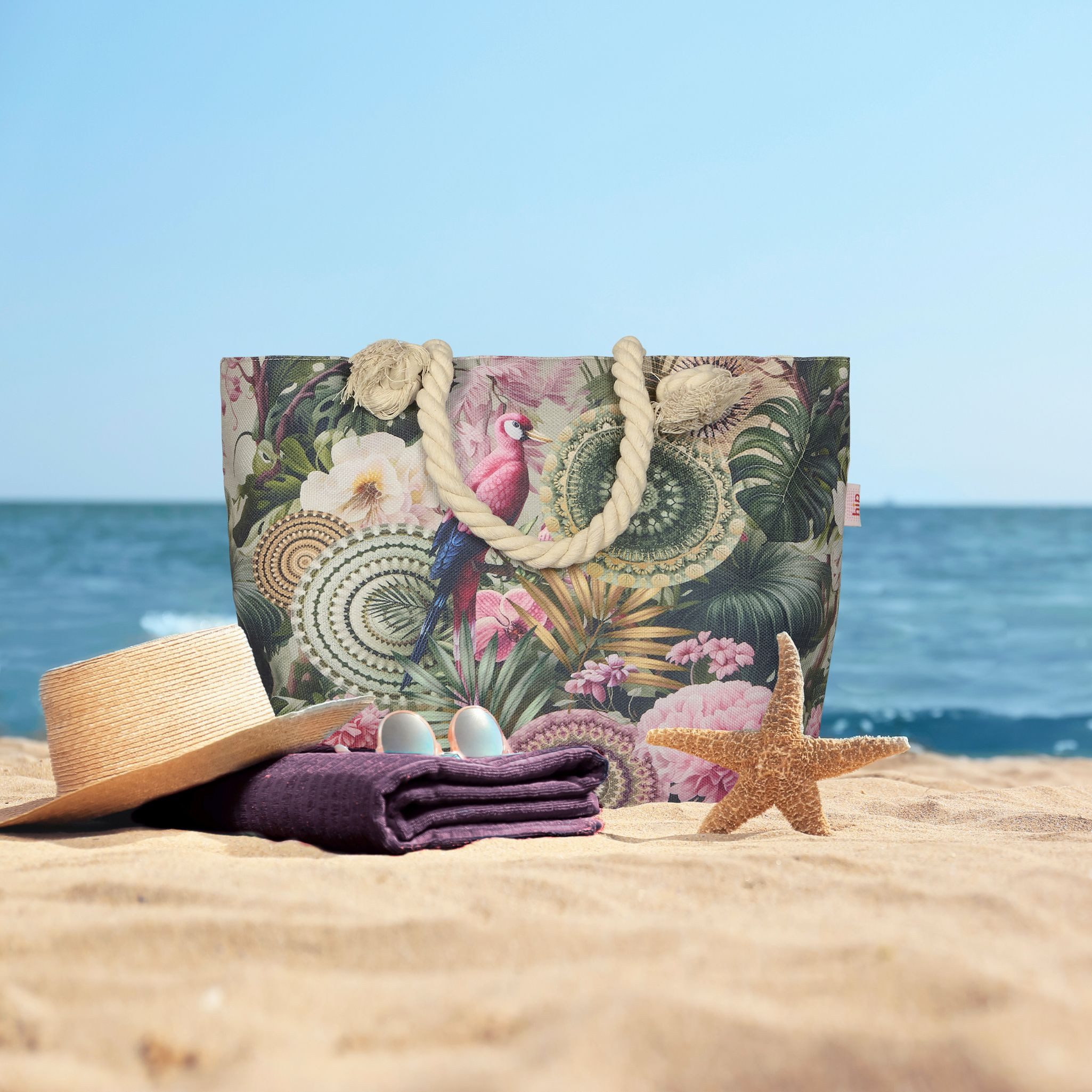 JACK Strandtasche Reißverschluss Baumwolle Descanso, mit wunderschönem Design, 40x55cm, Beachbag mit Innentasche