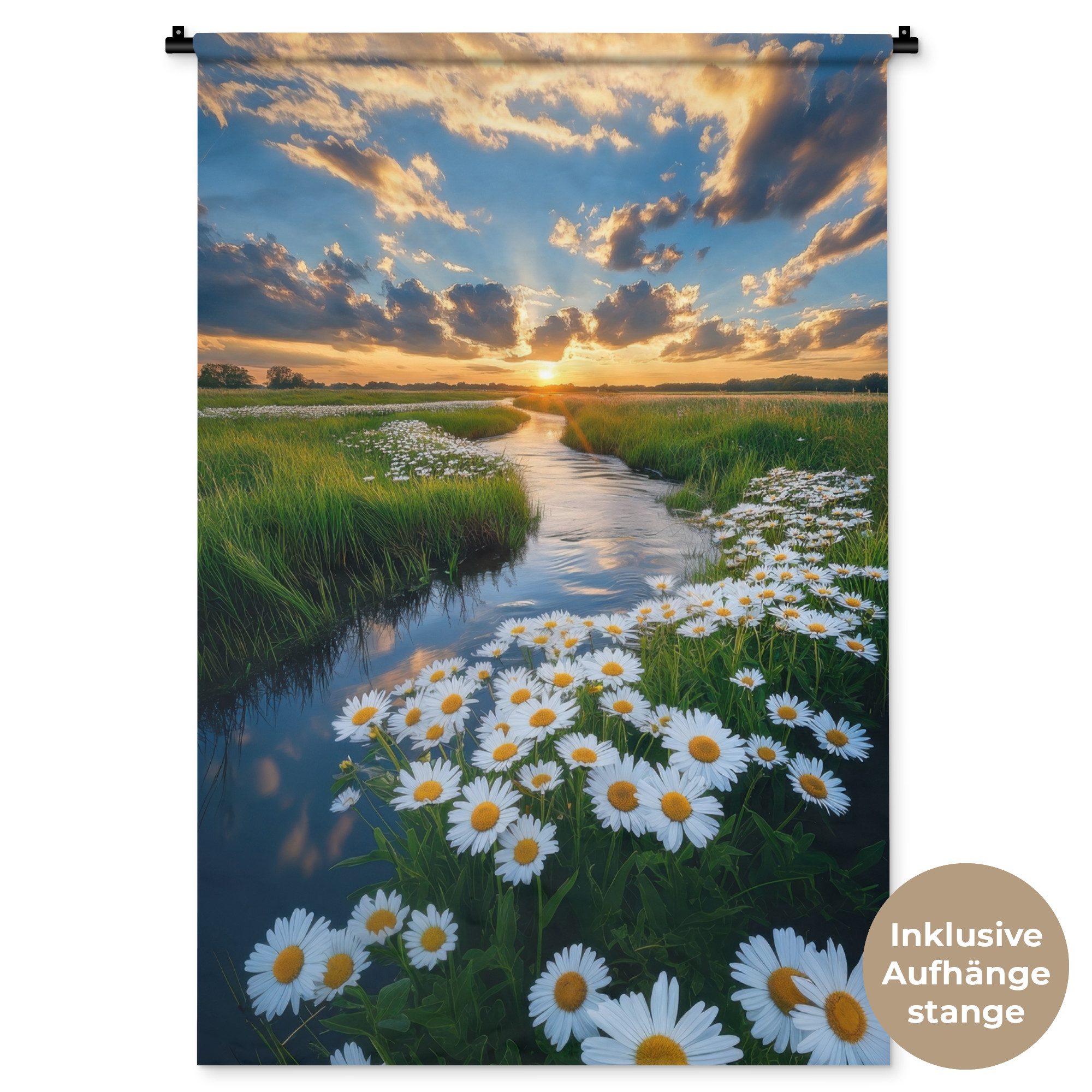 MuchoWow Wandteppich Strom - Landschaft - Gänseblümchen, Rechteckig, Höhe: 3 mm, Wandtuch Wohnzimmer, Schlafzimmer, 90x135 cm