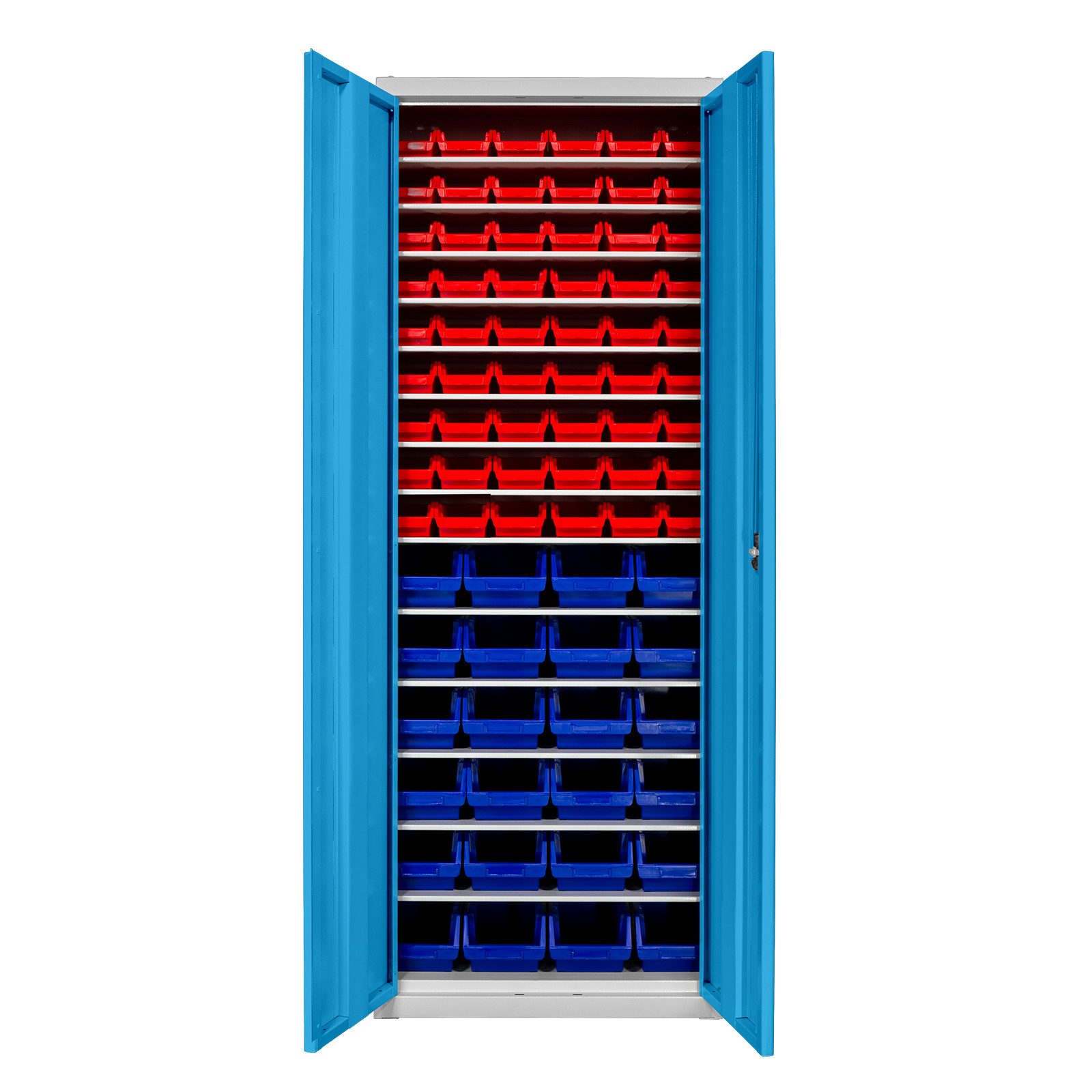 PROREGAL® Spind Flügeltürenschrank Owl mit 11 Fachböden + 48 Sichtlagerkästen, Grau