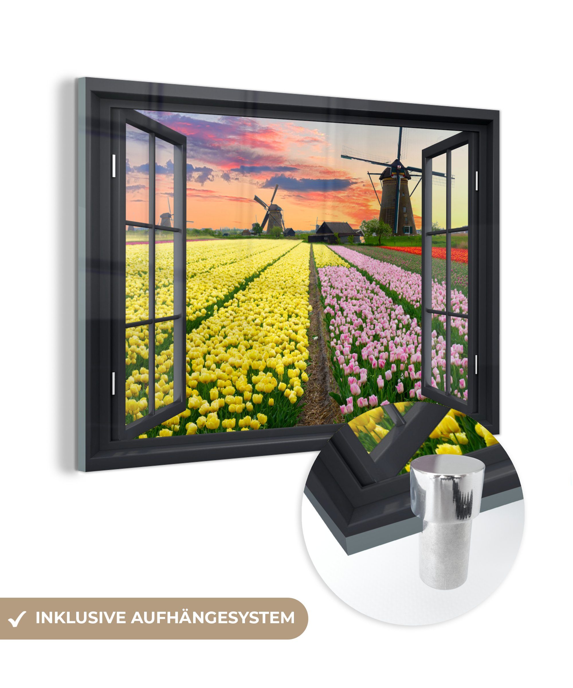 MuchoWow Acrylglasbild Aussicht - Tulpen - Sonnenuntergang, (1 St), Glasbilder - Bilder auf Glas Wandbild - Foto auf Glas - Wanddekoration