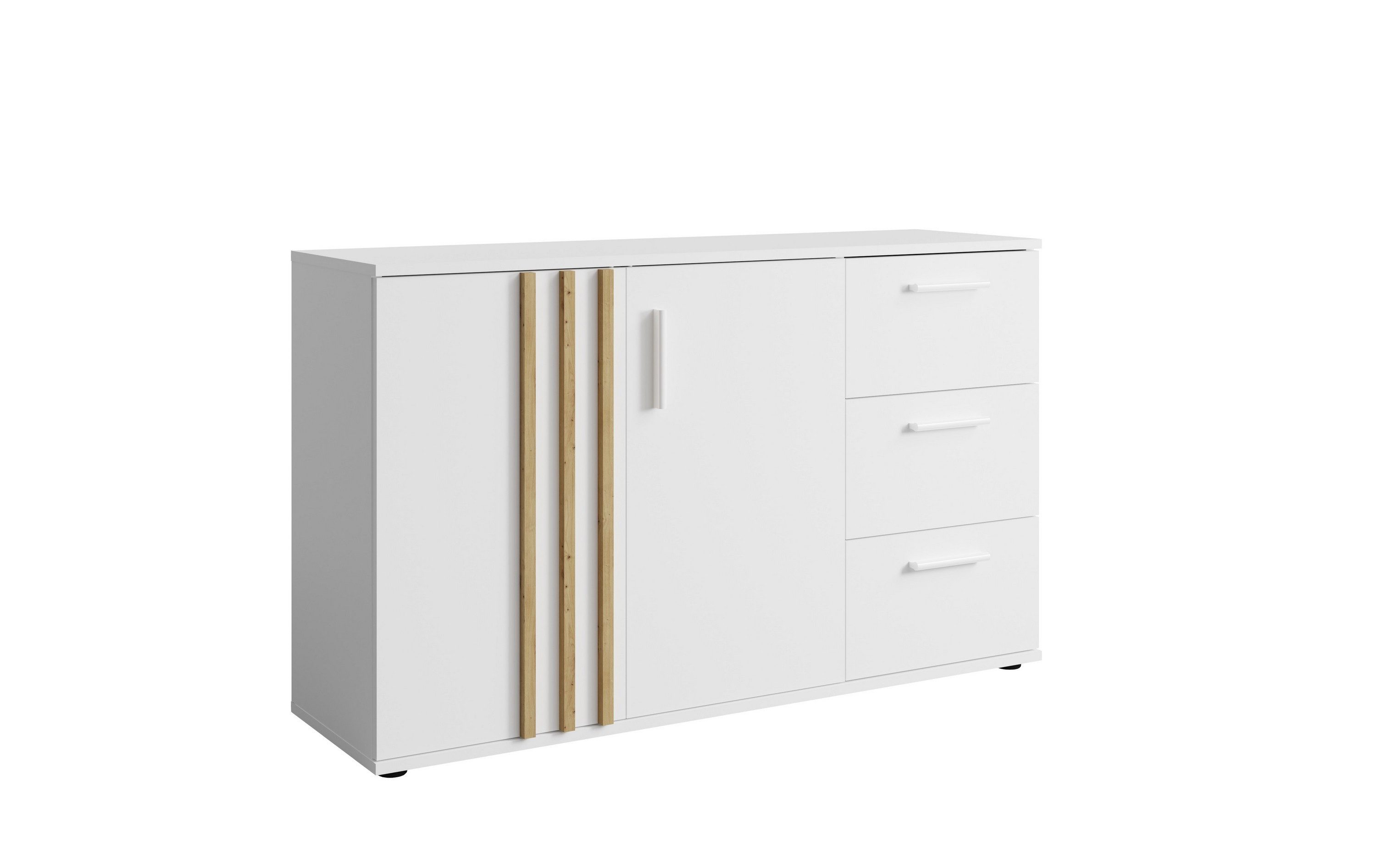 Masseno Kommode TECTONIC 119,8 cm Sideboard mit 3 Schubladen und 2 Türen Weiß