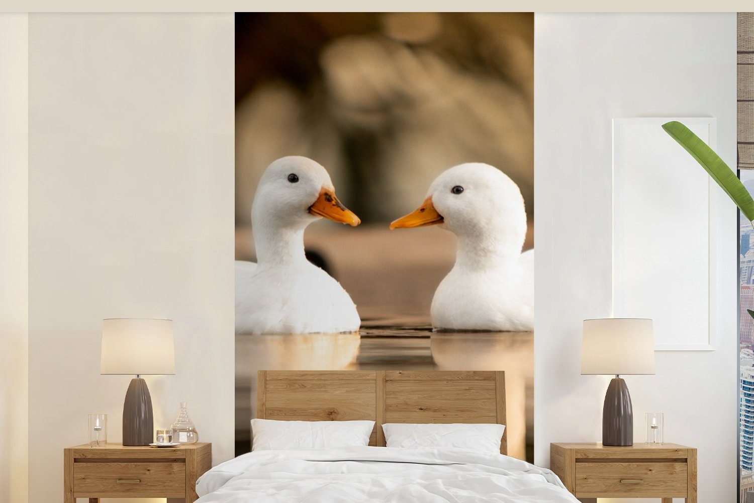 MuchoWow Fototapete Ente - Weiß - Tiere - Wasser - Vogel - Enten, Matt, bedruckt, (2 St), Vliestapete für Wohnzimmer Schlafzimmer Küche, Fototapete | Fototapeten