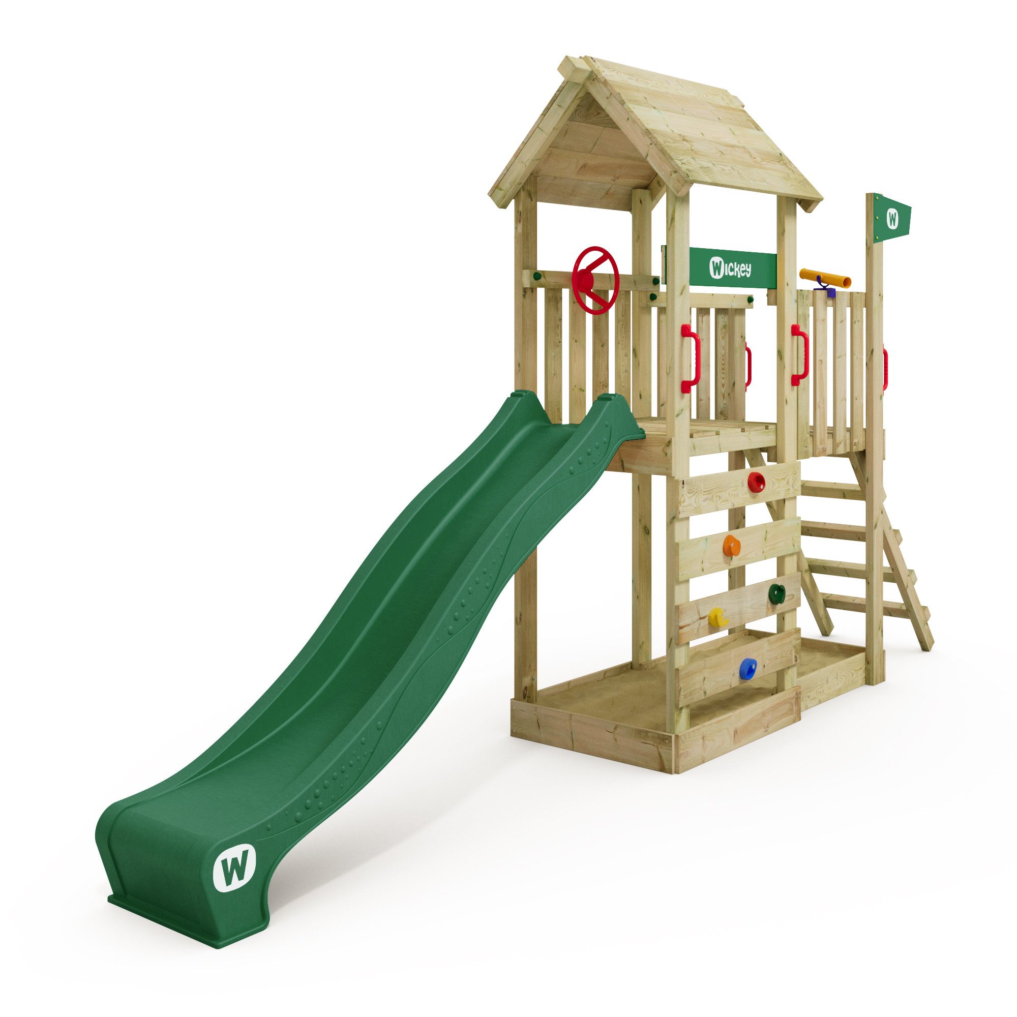 Wickey Spielturm JoyFlyer – Garten-Klettergerüst mit Wellenrutsche & Sandkasten, 10-Jahre Garantie*, Kletterwand mit Klettersteinen