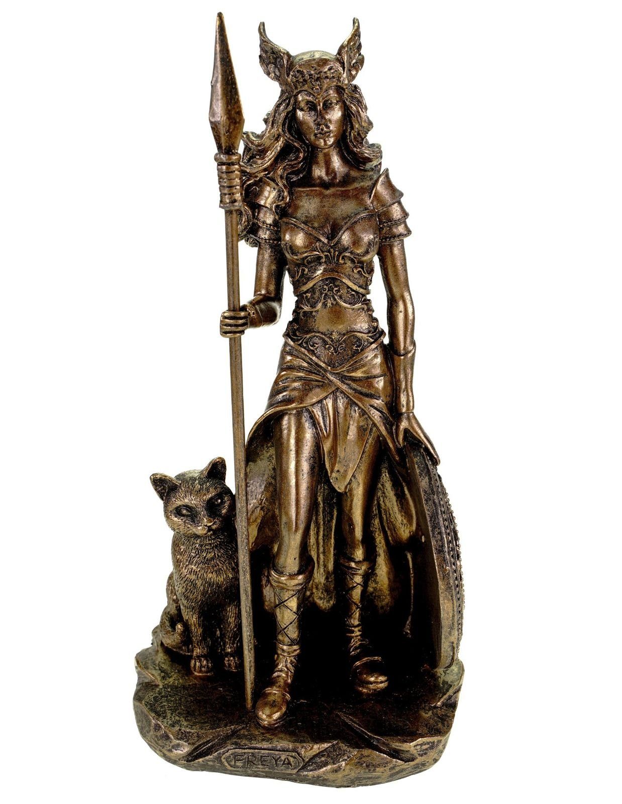 Figur Wildkatze mit Schatzkiste und Speer Schild Schatzkiste Kremers und Odin Dekofigur Kremers germanische Göttin Freya in Rüstung