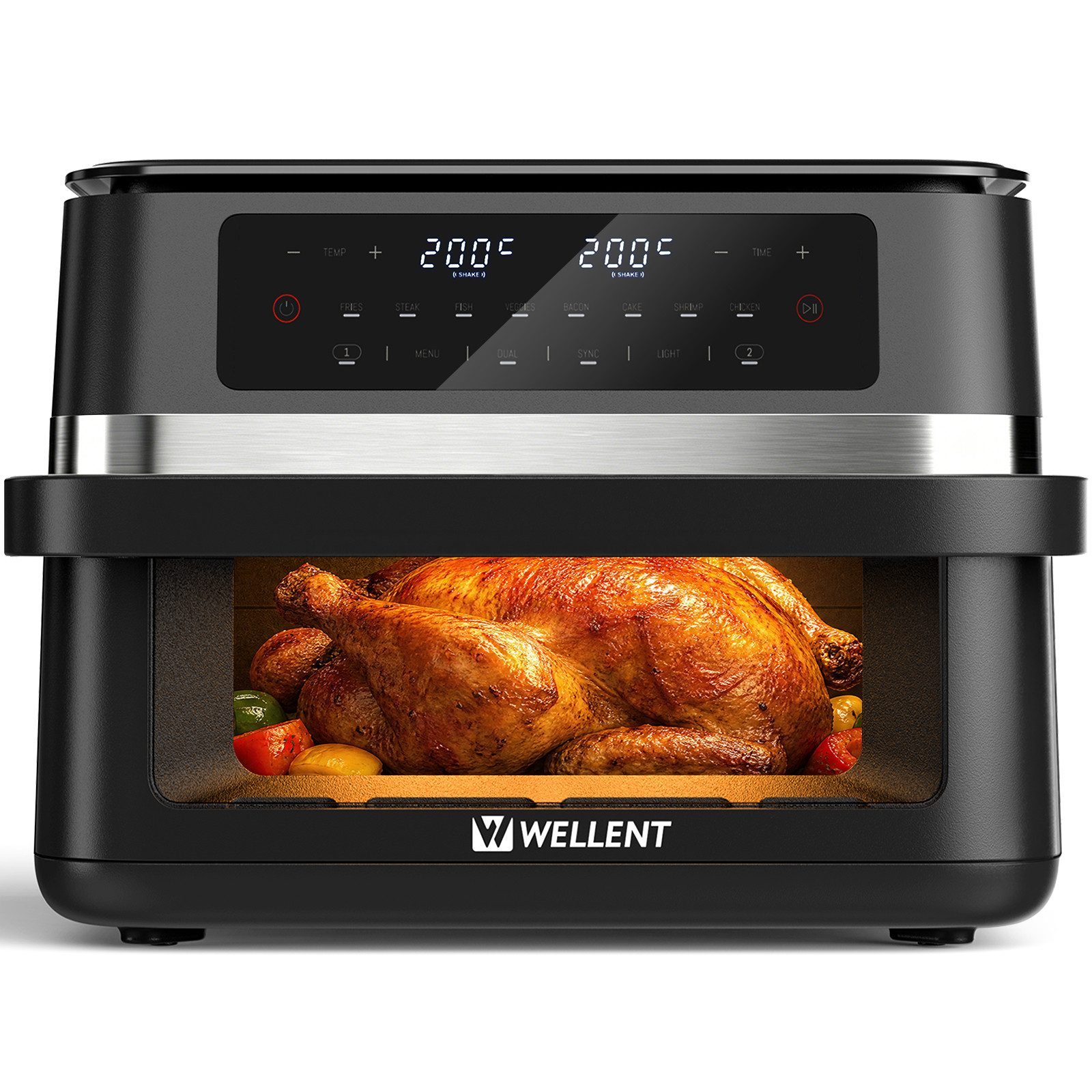 WELLENT Heißluftfritteuse 12 L XXL Heißluft, 2 × 6 L Doppelzone mit Sichtfenster, 2950 W, 2950 W, Innenbeleuchtung, SYNC, DUAL, Shake-Funktion, 8 Programme