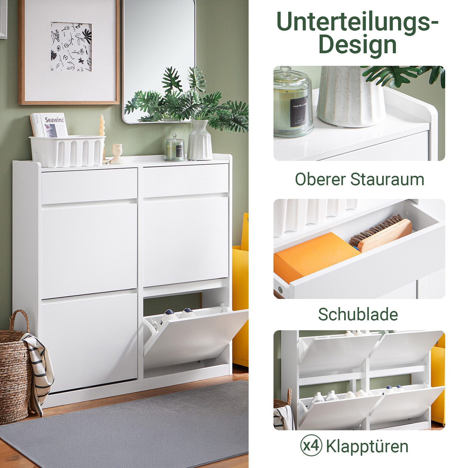 SoBuy Schuhschrank FSR169, Schuhkipper Schuhschrank schmal, Schuhregal, Schuhkommode mit 4 Klappen, 2 Schubladen, perfekt für schmale Flure, für 10 Paar