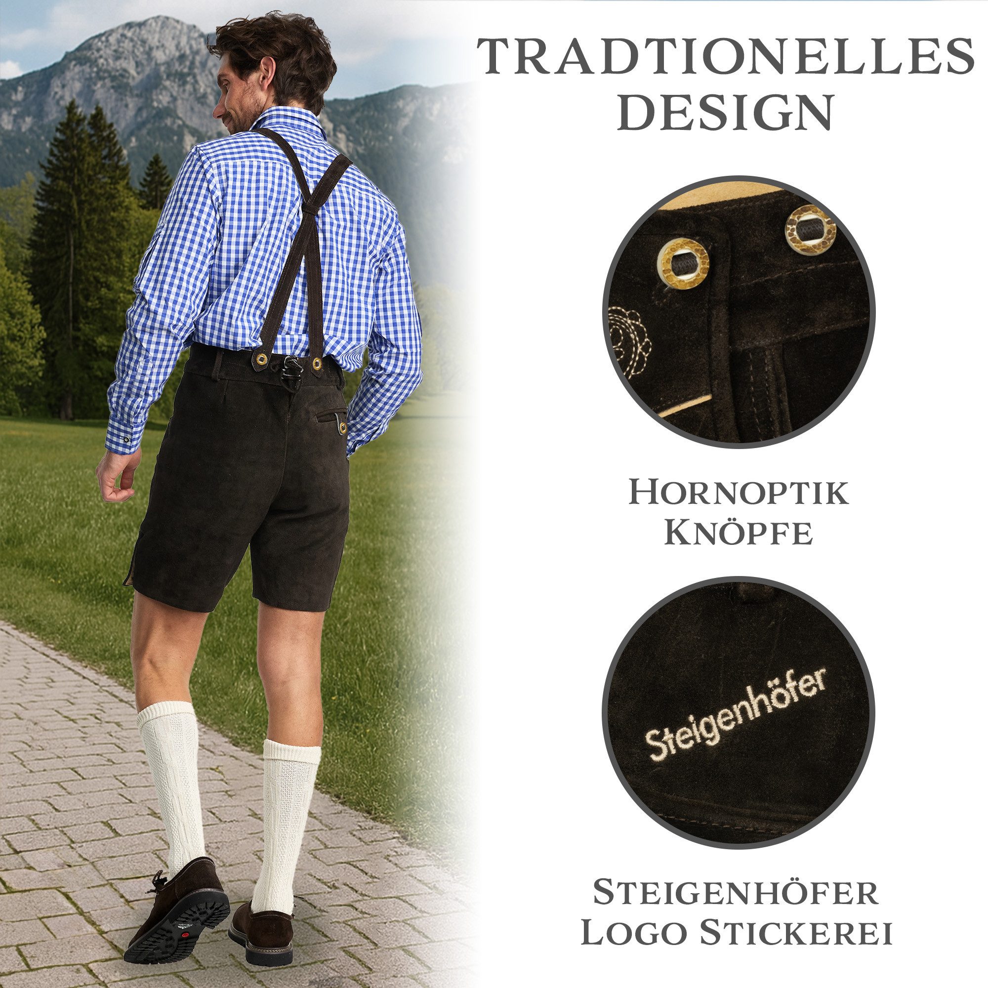 Steigenhöfer Manufaktur Trachtenlederhose Lederhose Herren Tracht kurz - Anton - 100% Rindsleder - Kurze Hose (Inklusive verstellbarer Träger) Traditionelle Echtlederhose - Ideal für Dein Oktoberfest Herren Outfit