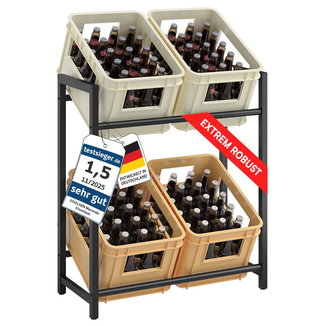 STEELSØN Flaschenregal Macondo aus Metall, Getränkekistenregal schwarz, für 4 Kisten, auch verfügbar für 6 Kisten & mit Ablage
