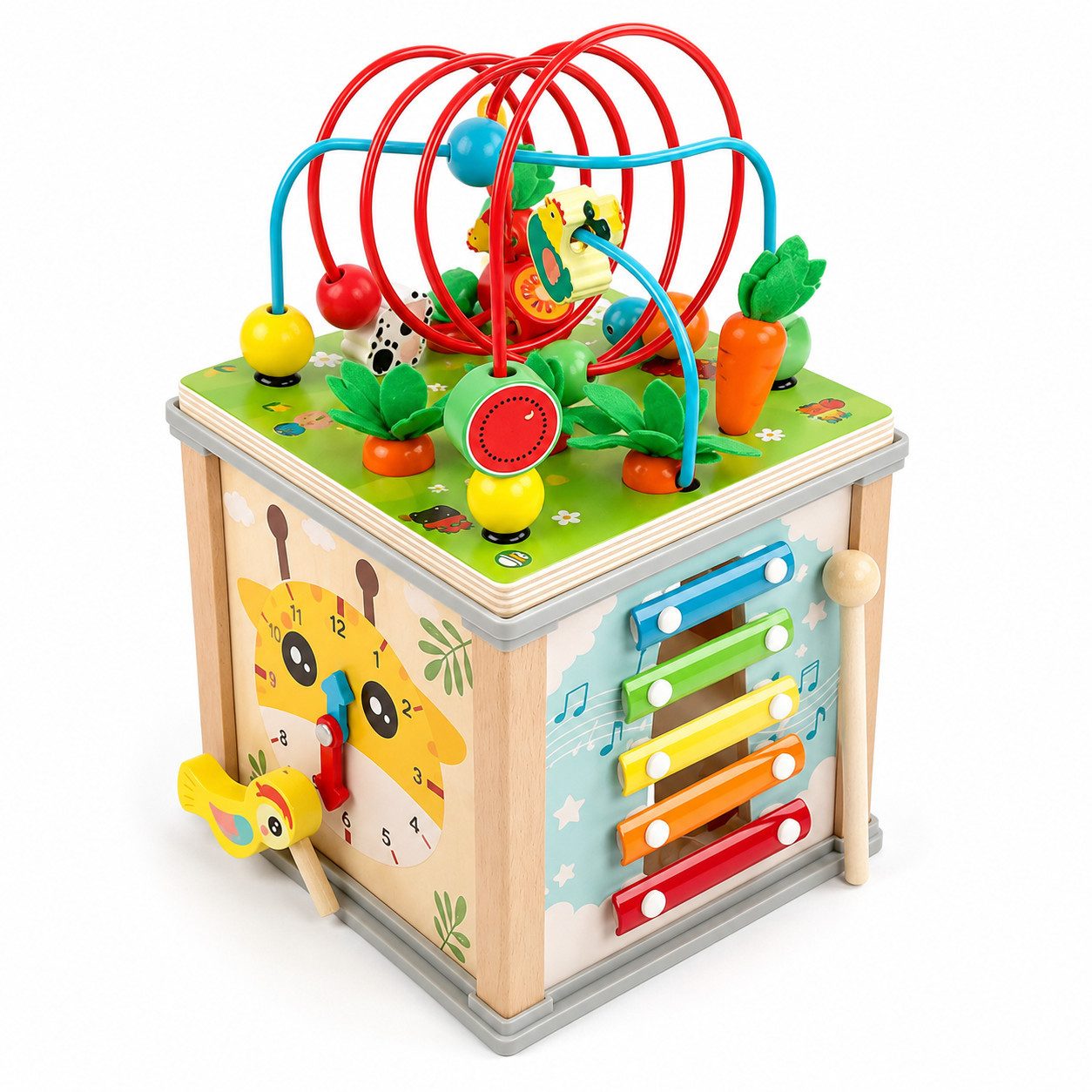 Fyrove Spielcenter Holz Motorikwürfel Montessori Spielzeug für Kinder ab 1 Jahr, (Set, 1-tlg), Perlenlabyrinth, Xylophon, Lernuhr, Formensortierer für Feinmotorik