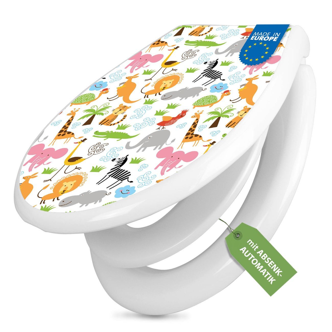 banjado WC-Sitz mit Kindersitz Motiv Fröhliche Tiere (mit Kindersitz, integrierte Scharniere), 44,9 x 37,1 x 5 cm