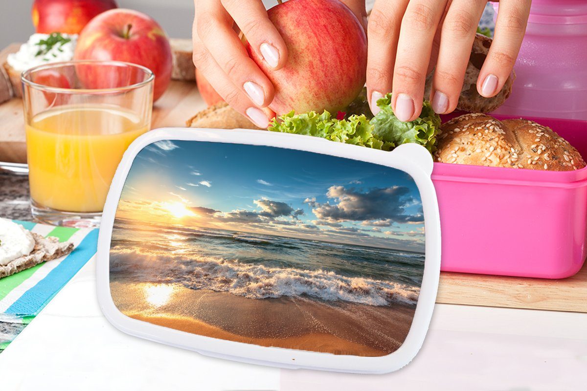 Kunststoff MuchoWow Mädchen, rosa Brotbox Lunchbox Kunststoff, Meer Kinder, (2-tlg), Snackbox, Erwachsene, - Strand Brotdose - Sonnenuntergang, für