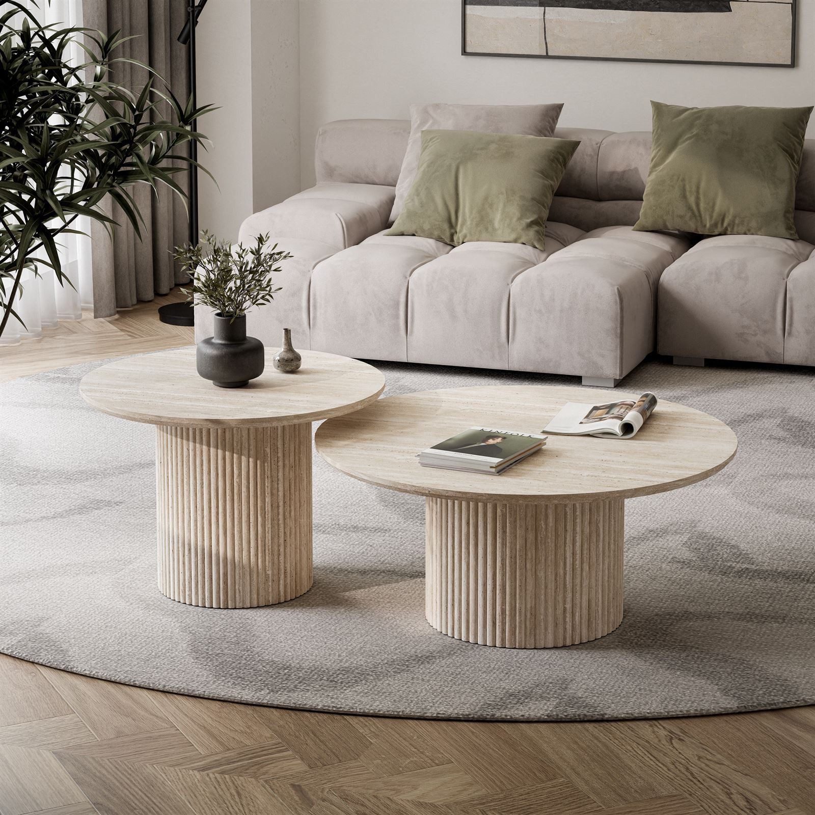 yourhouse24 Couchtisch -Set ORI 2-in-1 (Rund) – Riffel-Optik & Lamellen-Design (2er Set), Ø 80 cm & Ø 60 cm (Höhe: 36/42 cm) – platzsparend ineinanderschiebbar – Bild 3 von 5