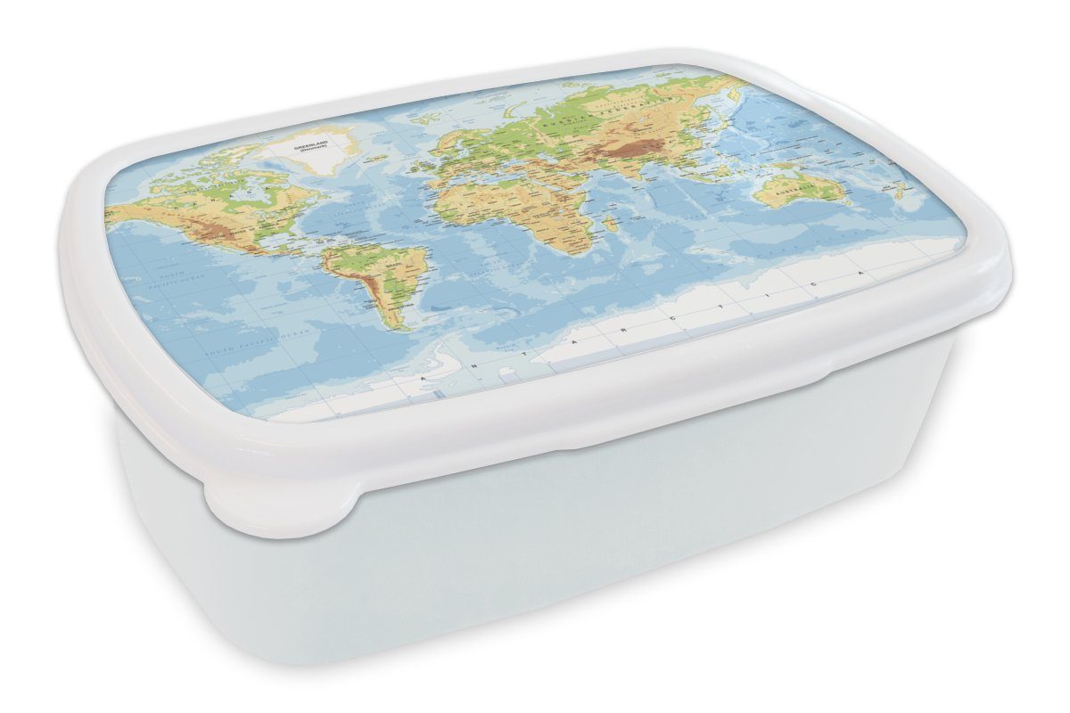 MuchoWow Lunchbox Weltkarte - Geographie - Atlas, Kunststoff, (2-tlg), Brotbox für Kinder und Erwachsene, Brotdose, für Jungs und Mädchen weiß