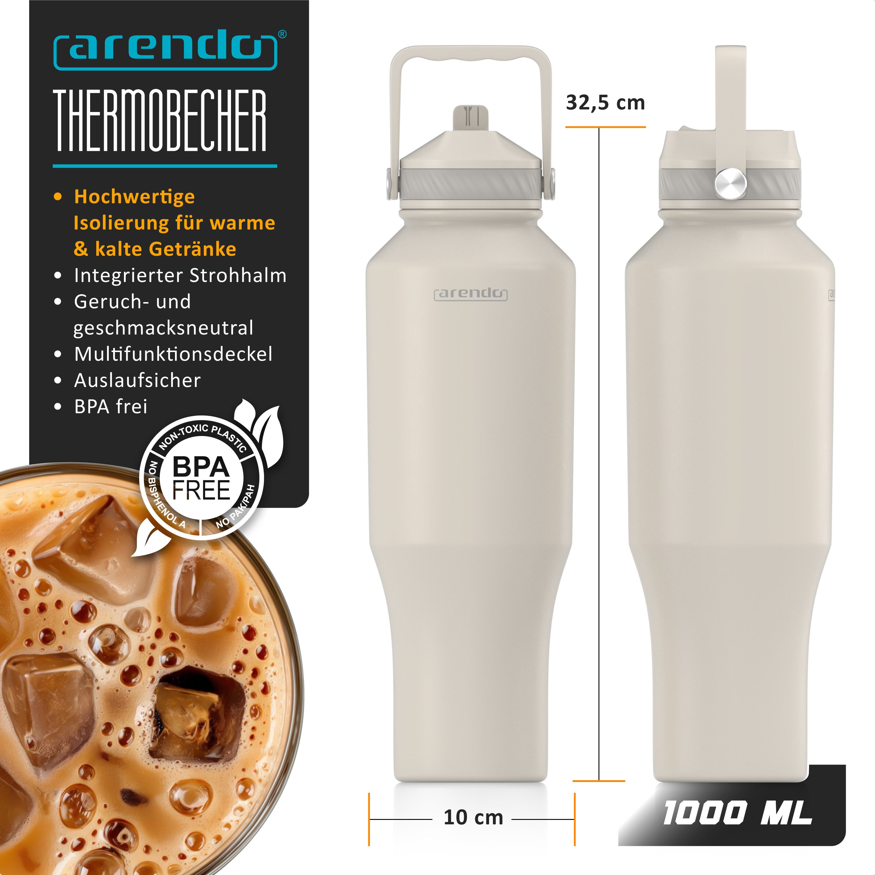 Arendo Thermobecher Travel Mug 1000 ml, Isolierbecher mit Strohhalm, 100% auslaufsicher, 1-tlg., Edelstahl, doppelwandig, Vakuum-Isolierung, dicht, Klappverschluss, Tragegriff
