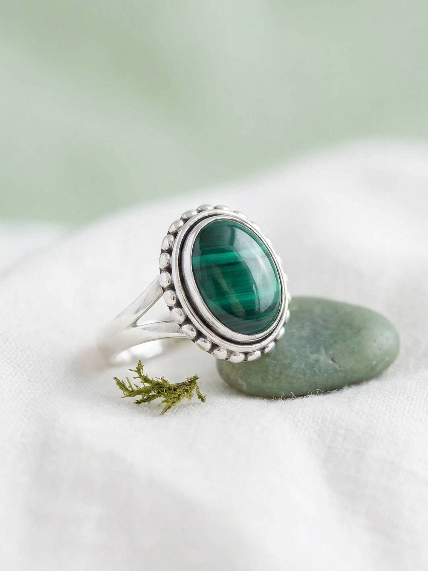 mantraroma Silberring GAMSA aus 925 Silber mit Malachit (Ring mit Schmuckbeutel), Damenring aus 925er Silber