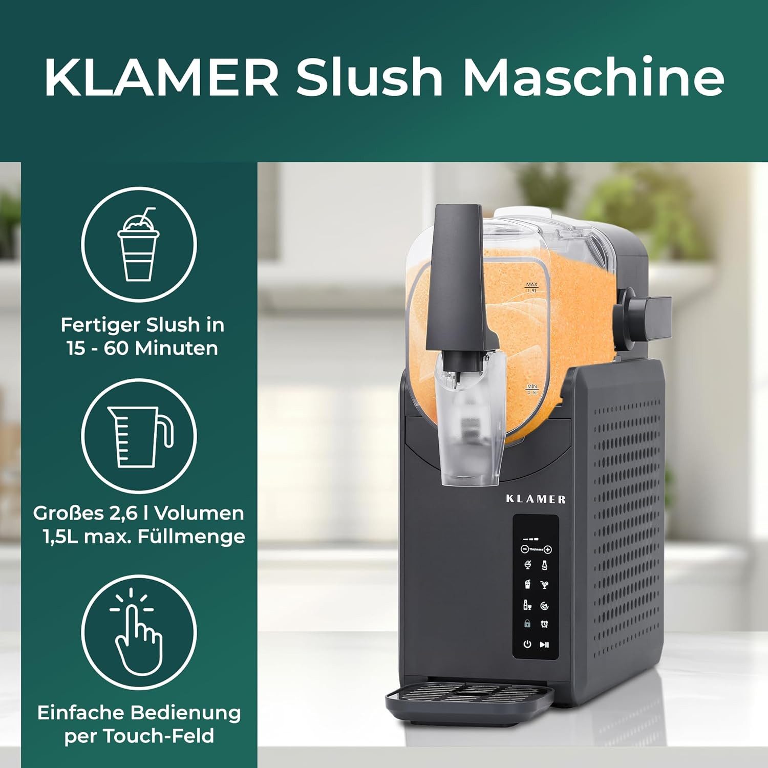 KLAMER Slush-Eismaschine 5 voreingestellte Programme: Slushie, Cocktail, Milchshake, Frappé, W…, 2,6 l, 220 W, Reinigungsautomatik, Touchpad-Steuerung, Programmierbar