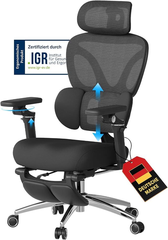 Woltu Bürostuhl, Ergonomisch Schreibtischstuhl mit Fußstütze Verstellbare Sitztiefe