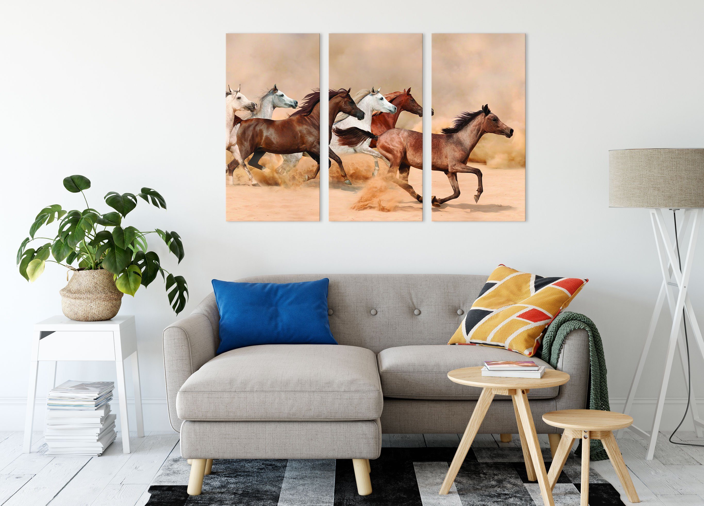 Pixxprint Leinwandbild Western Pferde in (1 Western fertig in Leinwandbild inkl. St), bespannt, 3Teiler Wüste, Zackenaufhänger Pferde (120x80cm) Wüste