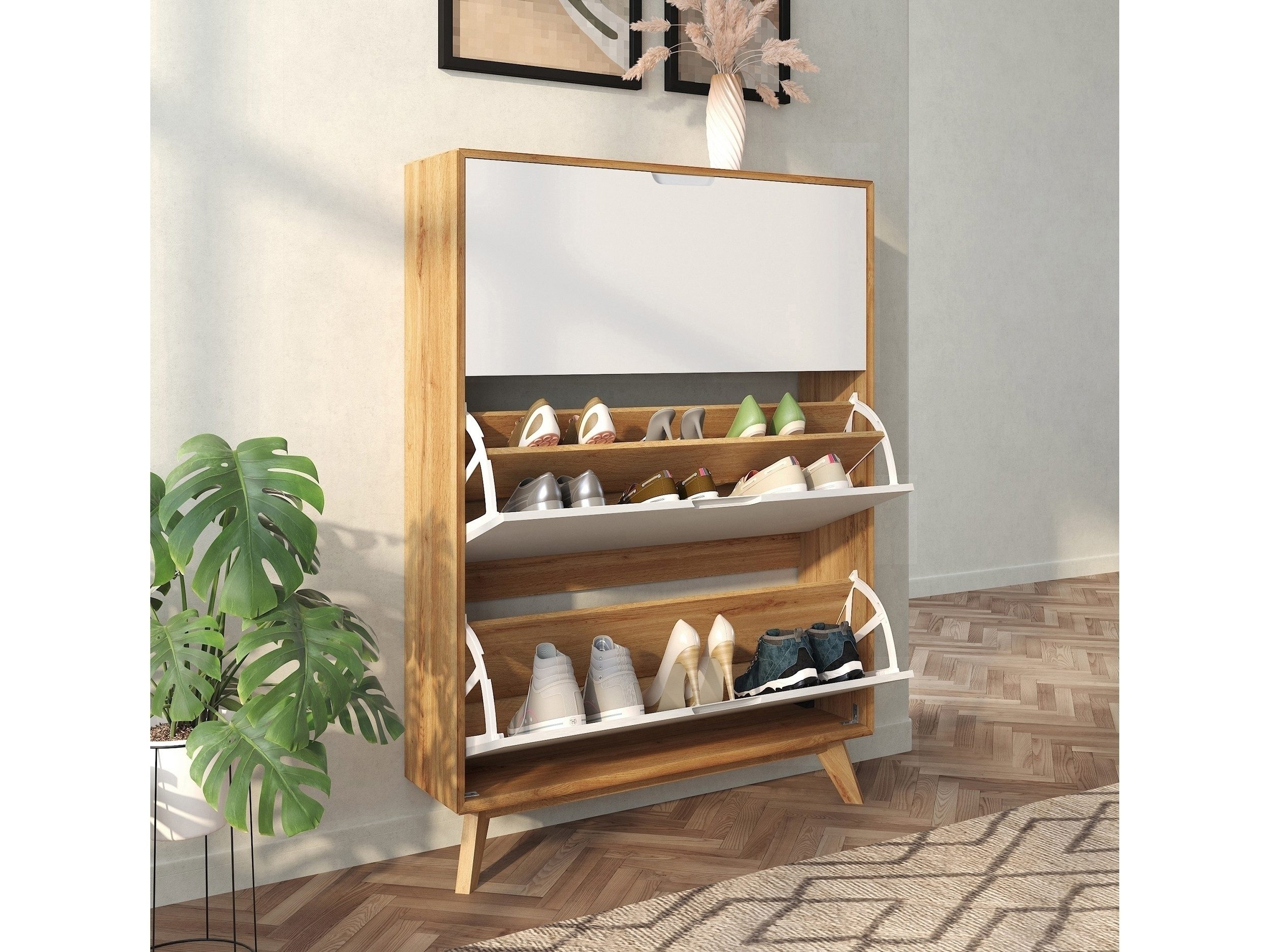 freiraum Schuhkipper Essen, in Weiß / Eiche Dekor - 89x125x24cm (BxHxT)