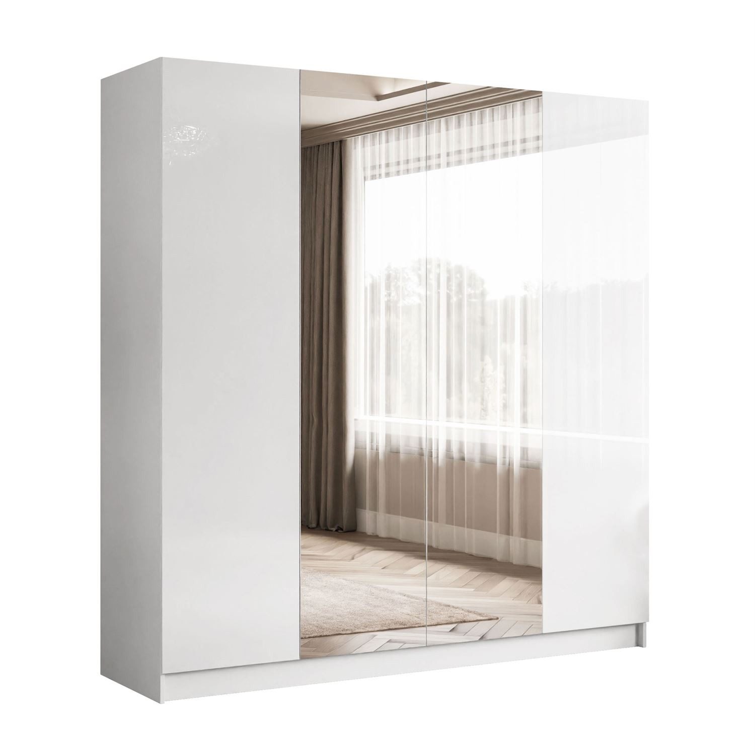 Lookway Kleiderschrank AUREL 4D in Weiß hochglanz Drehtürenschrank mit Spiegel 200x57x210 cm