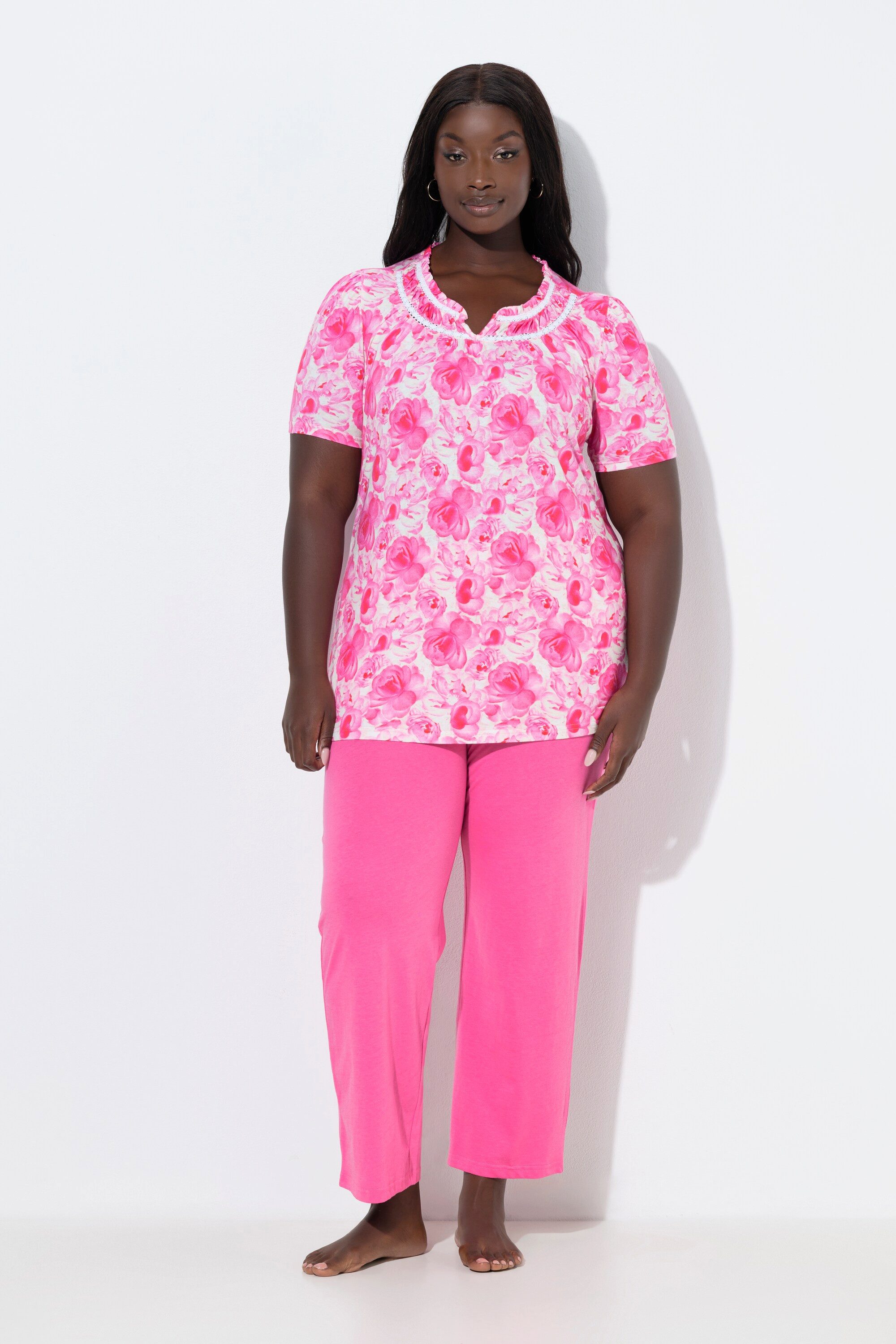 Ulla Popken Pyjama Pyjama Rosen Spitze Rundhals Halbarm