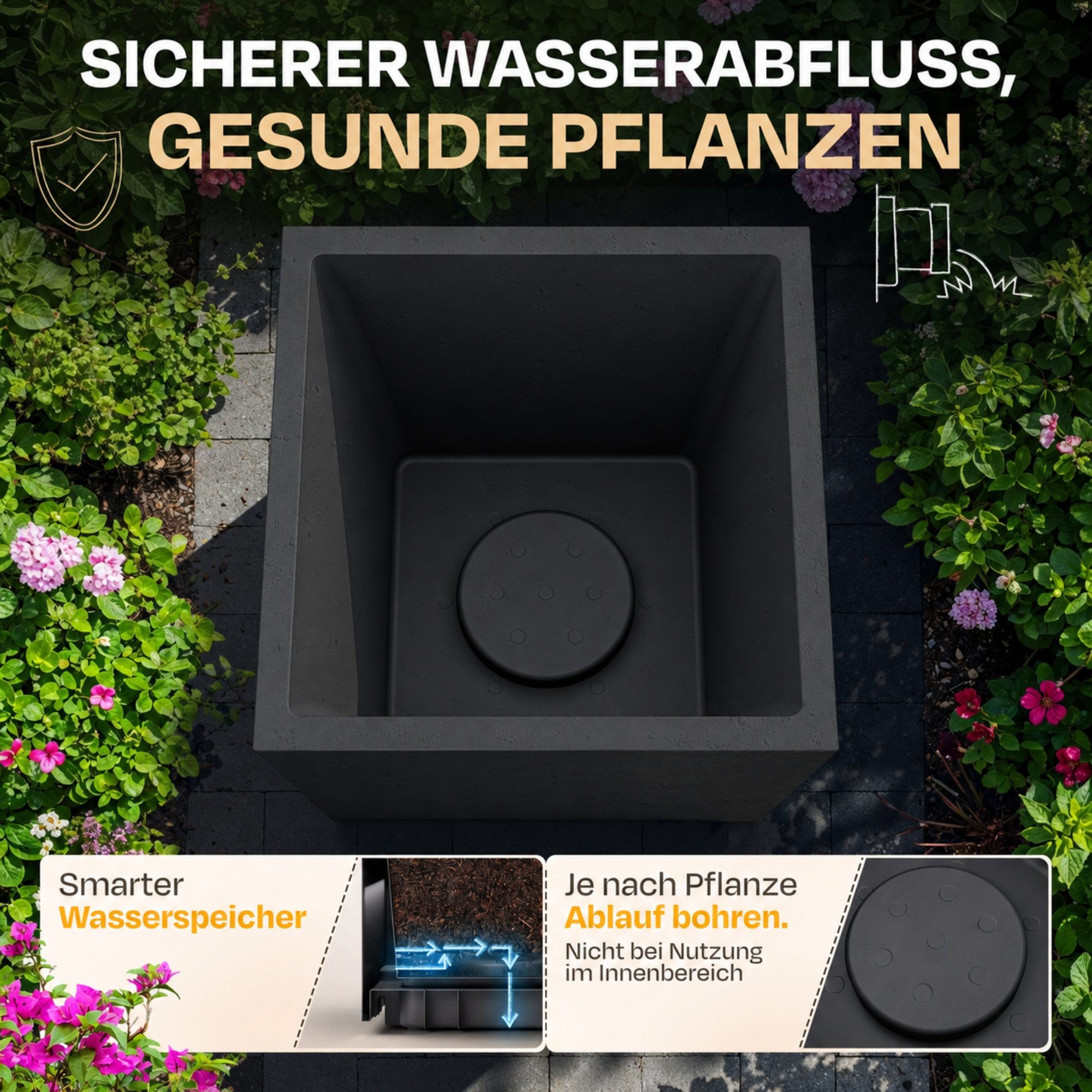 ONDIS24 Pflanzkübel Blumenkübel Blumentopf Pflanztopf Vulkan 40, Gestein/Basalt/Graphit Optik mit Wasserspeicher – Bild 4 von 5