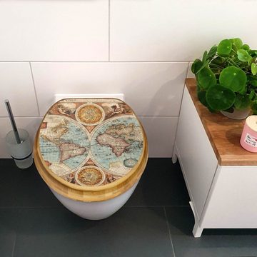 banjado WC-Sitz Bambus2 Motiv Historische Weltkarte (umweltfreundliches Material, integrierte Absenkautomatik), 44 x 38 x 5 cm