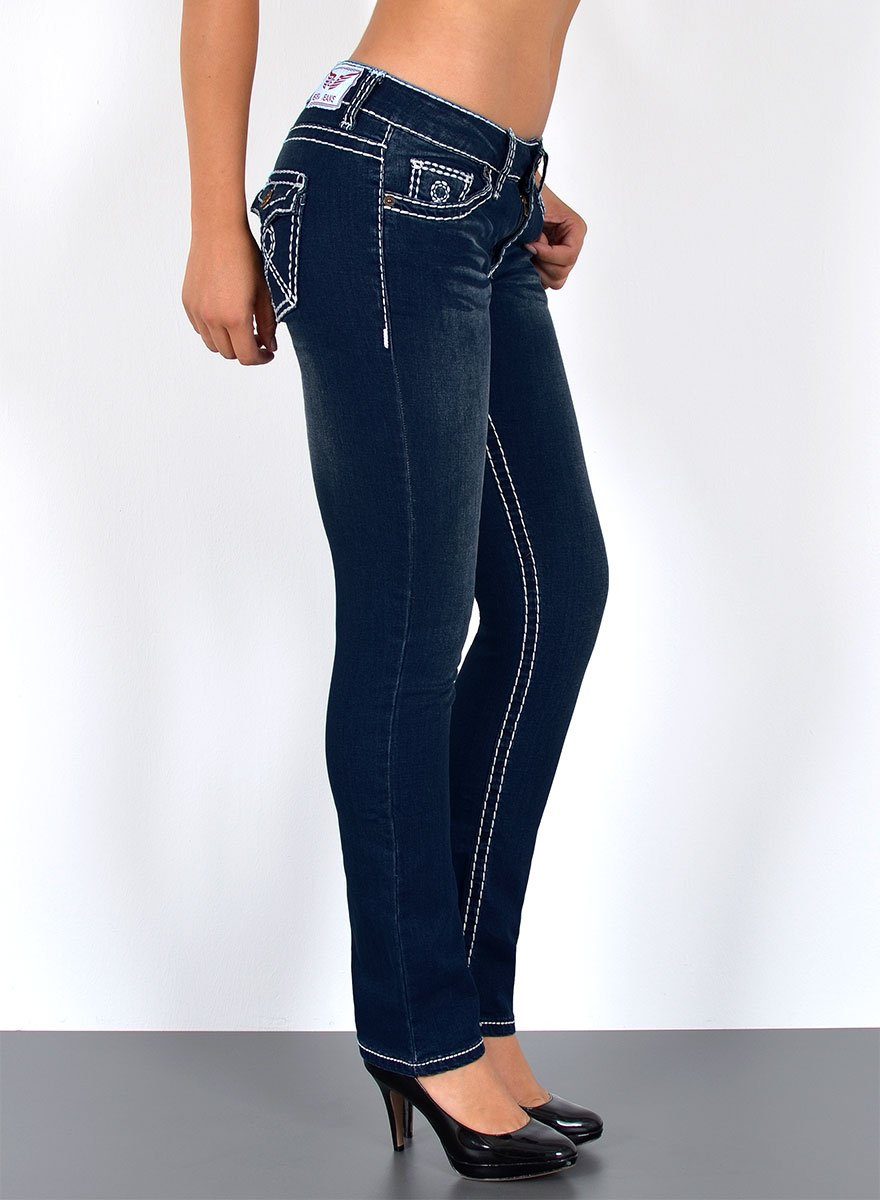ESRA Straight-Jeans Straight Jeans Damen Jeans Hose weiße Naht Kontrastnaht bis Übergröße High Waist Jeans Damen Hose Stretch mit dicker Naht bis Plus Size