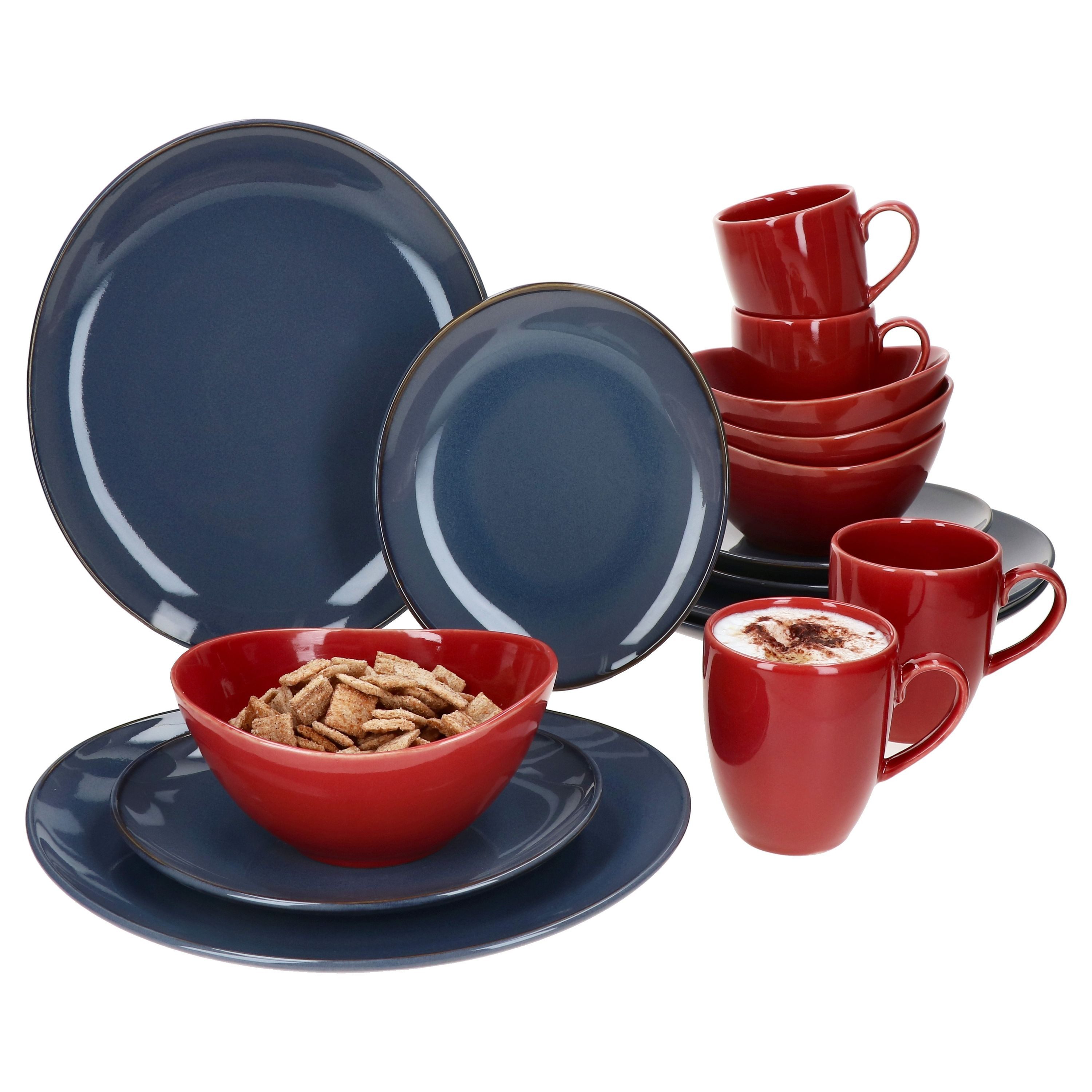 MÄSER Kombiservice Natural 16tlg Kombiservice rot & blau 4 Pers. Becher Schalen Teller, Steingut
