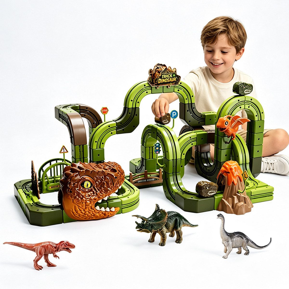 AIBISTAR Autorennbahn Dinosaurier-Eisenbahn, magnetisch, 3 Schienen, STEAM, Fördert Kreativität & Fantasie,ab 3 Jahren geeignet