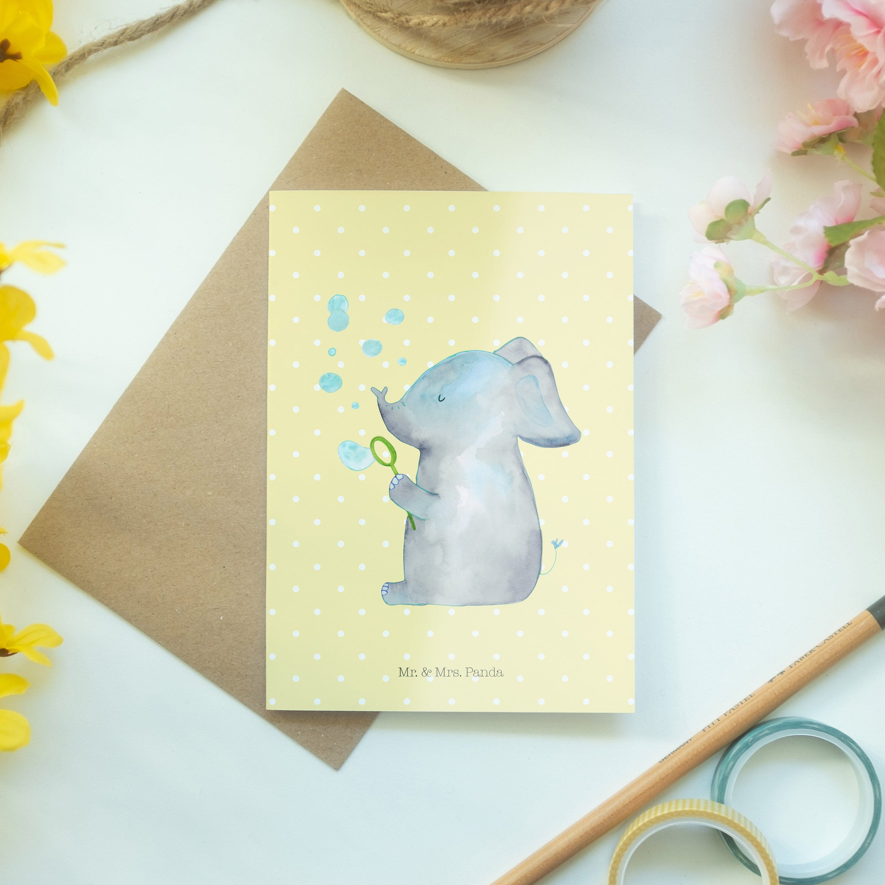 Seifenblasen Geschenk, - Pastell Grußkarte Gelb Panda & Kar Geburtstagskarte, Elefant Mr. - Mrs.