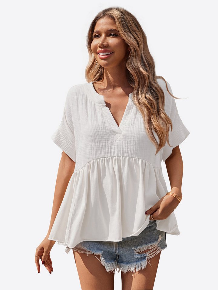 Imily Bela Rüschenbluse Damen V-Ausschnitt geraffter Saum Lässig Sommer Oberteil aus Baumwolle (Packung, 1-tlg., 1per-Pack) Kurzarm in Unifarbe
