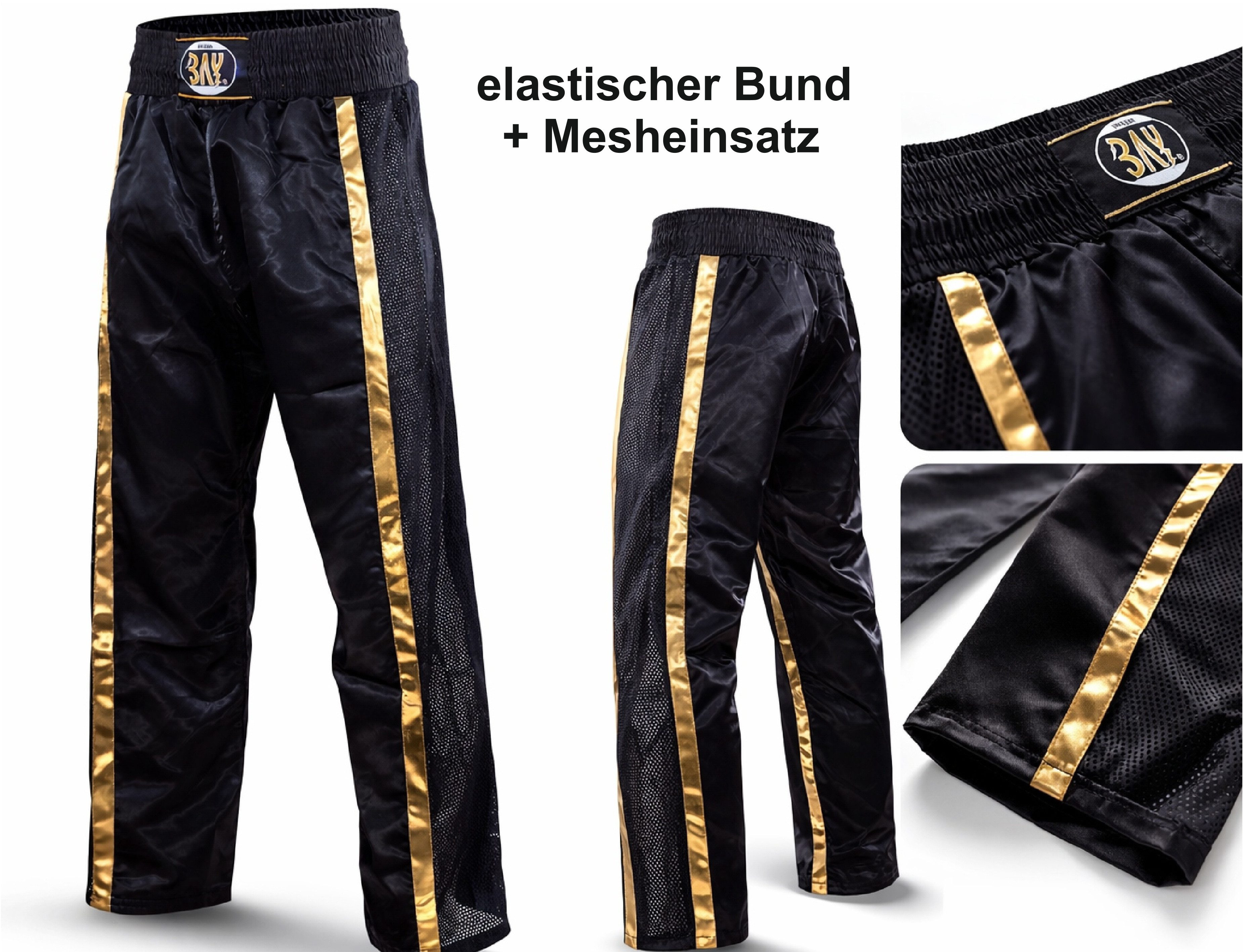 BAY-Sports Sporthose Kickboxhose NETZ-MESH Mesh Netzeinsatz Hose lang Kickboxen Kampfsport lange, leichte, locker sitzende Trainingshose, Schwarz/Gold