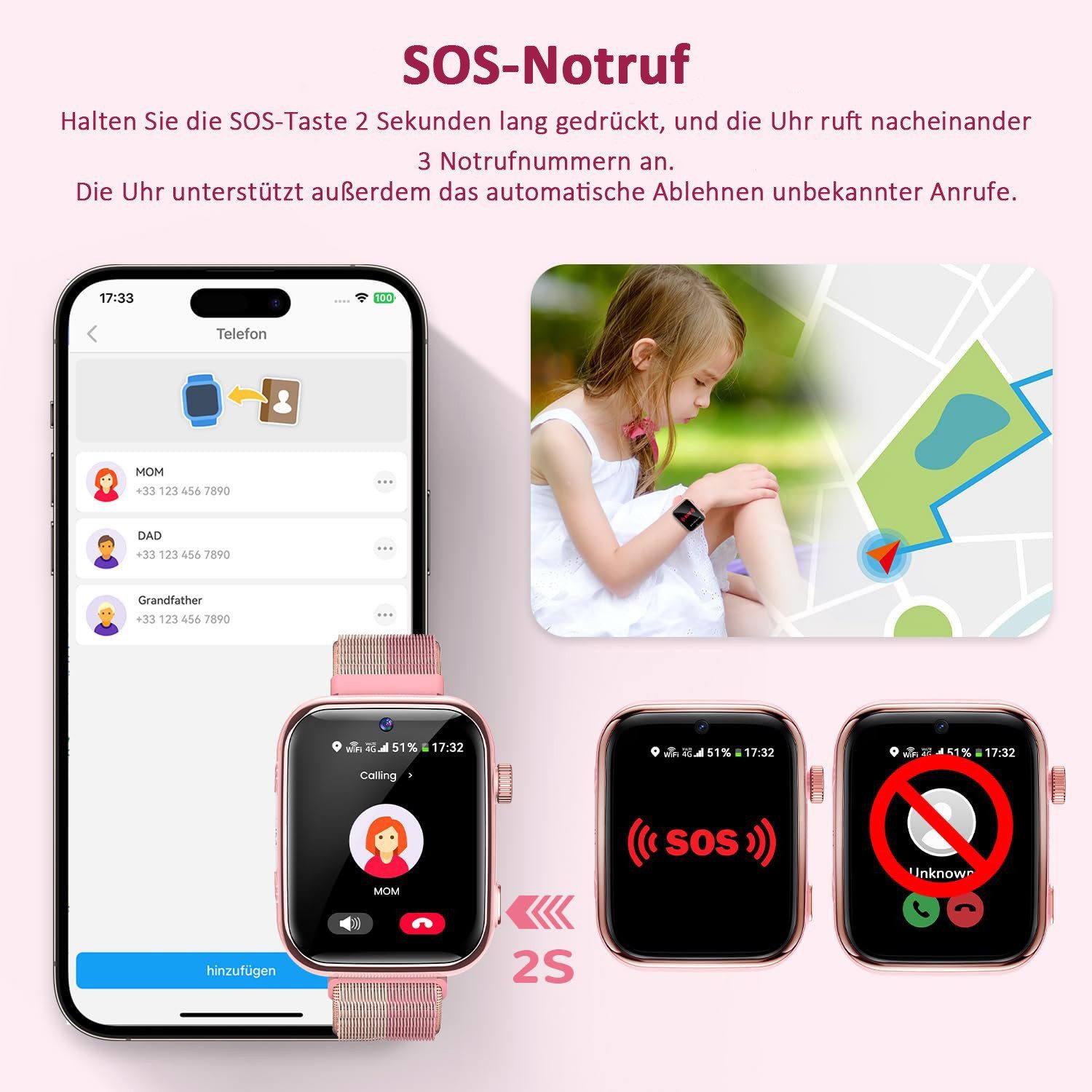 SWGOTA 4G Kinder Smartwatch mit Telefonfunktion und GPS, SOS,Zwei-Wege-Anrufe Smartwatch, Kindersmartwatch mit WLAN, Bildkompetenz für 4–12 Jungen und Mädchen – Bild 3 von 5