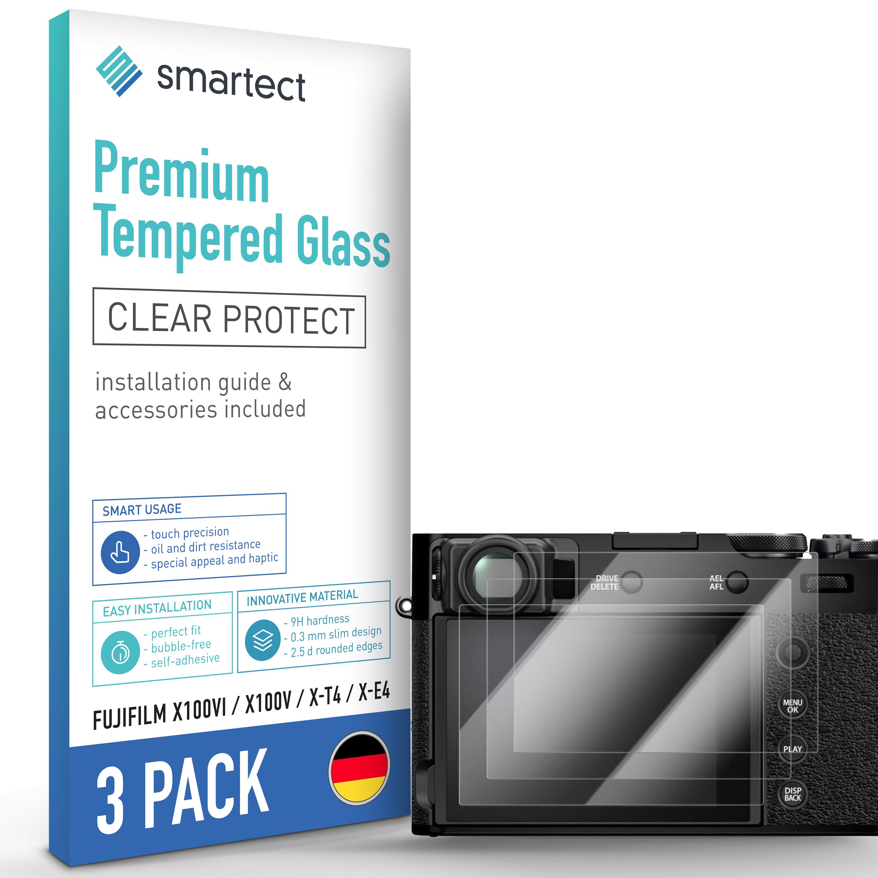 smartect Displayschutzglas Schutzglas Panzerfolie Klar für Fujifilm X100VI/ X100V/ X-T4/ X-E4, Set, 3 Stück, Schutzfolie Glasschutz