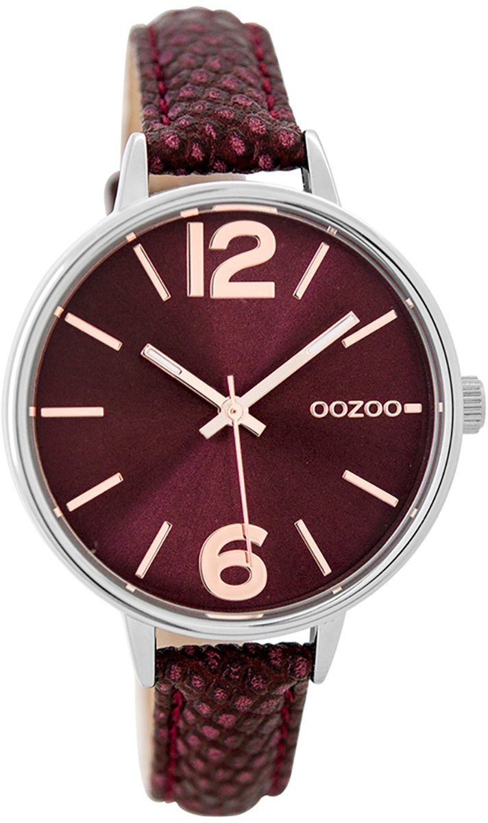 OOZOO Quarzuhr Oozoo Damen Armband-Uhr weinrot, Damenuhr rund, mittel (ca. 38mm) Lederarmband, Fashion-Style