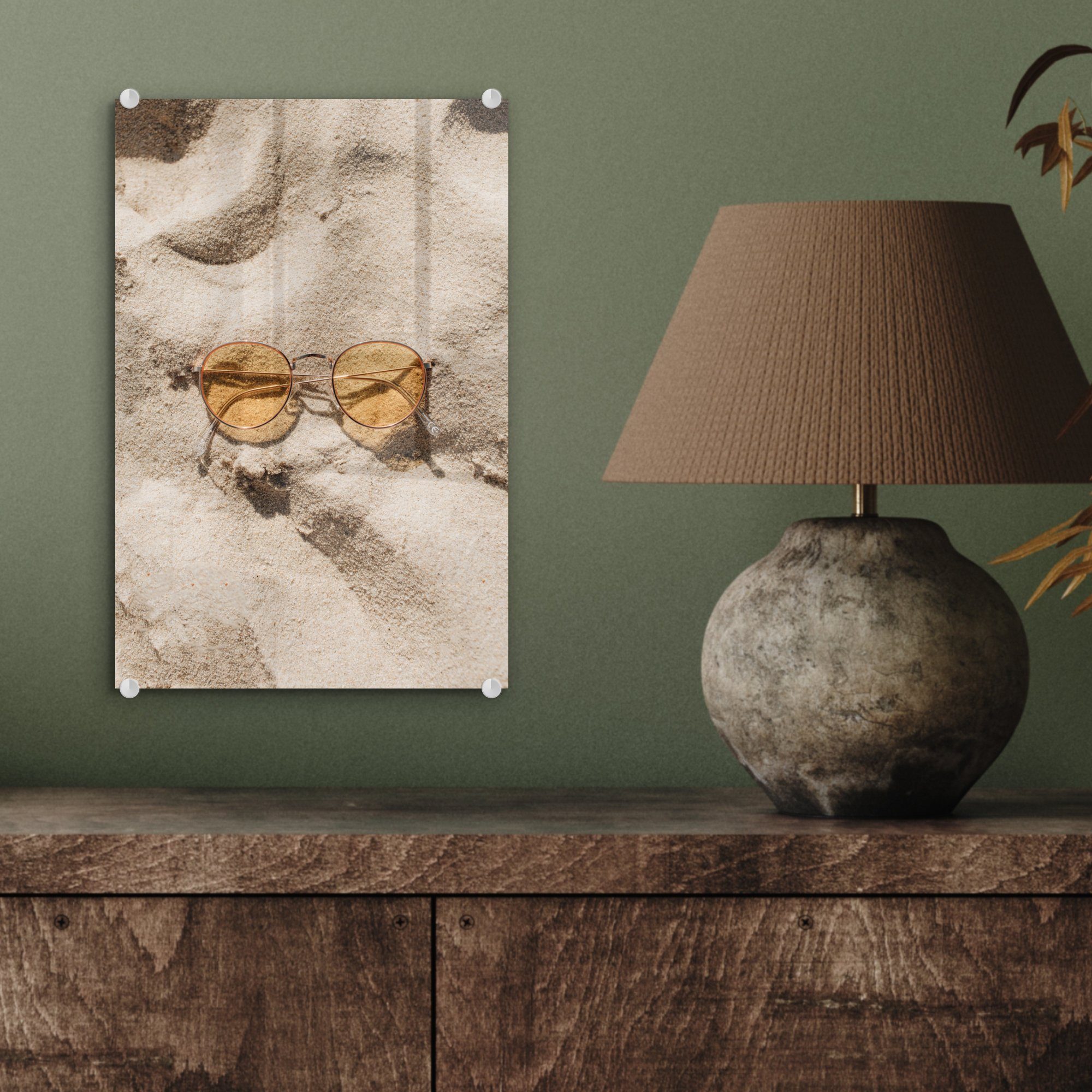 Sonnenbrille Glas St), - Orange, (1 Wandbild Wanddekoration - - Glas Sand auf Glasbilder MuchoWow Foto Bilder - - auf Acrylglasbild